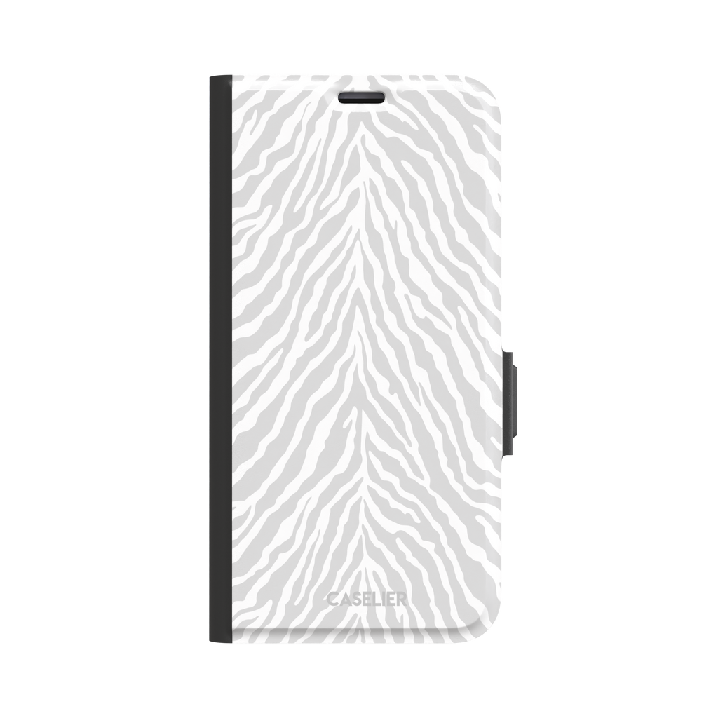 White on light grey zebra stripe phone case with soft tonal pattern, phone case by Caselier — wallet case, front view