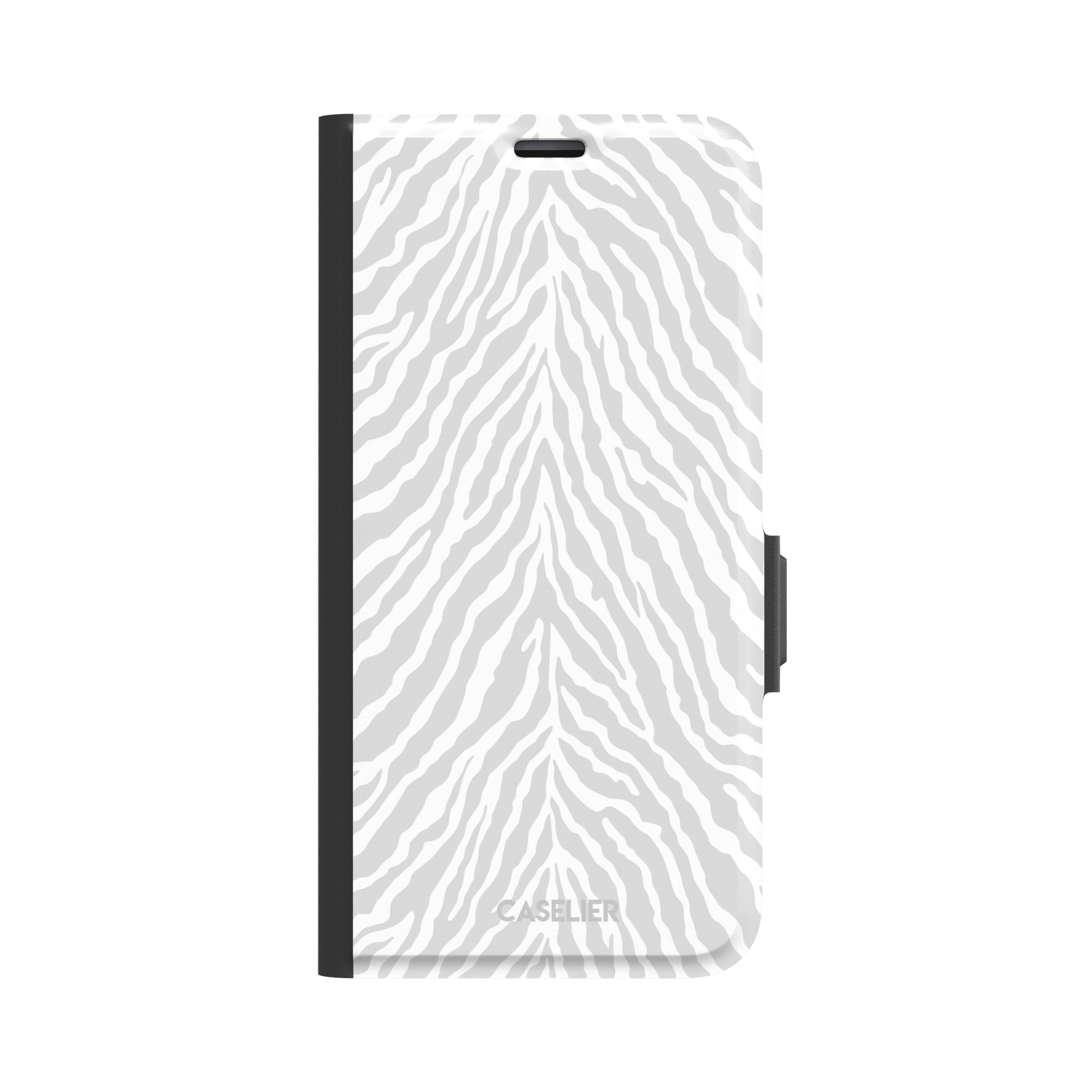 White on light grey zebra stripe phone case with soft tonal pattern, phone case by Caselier — wallet case, front view