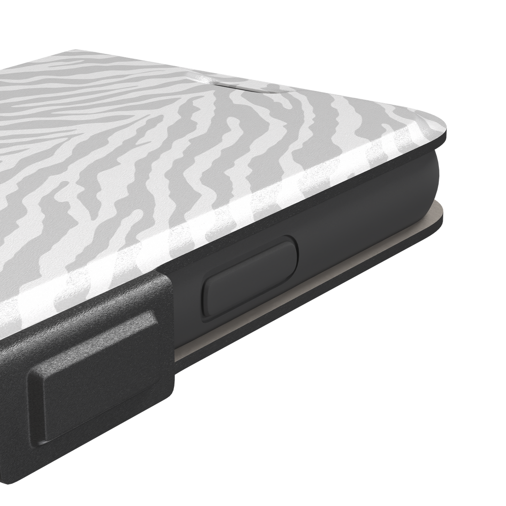 White on light grey zebra stripe phone case with soft tonal pattern, phone case by Caselier — wallet case, volume buttons detail