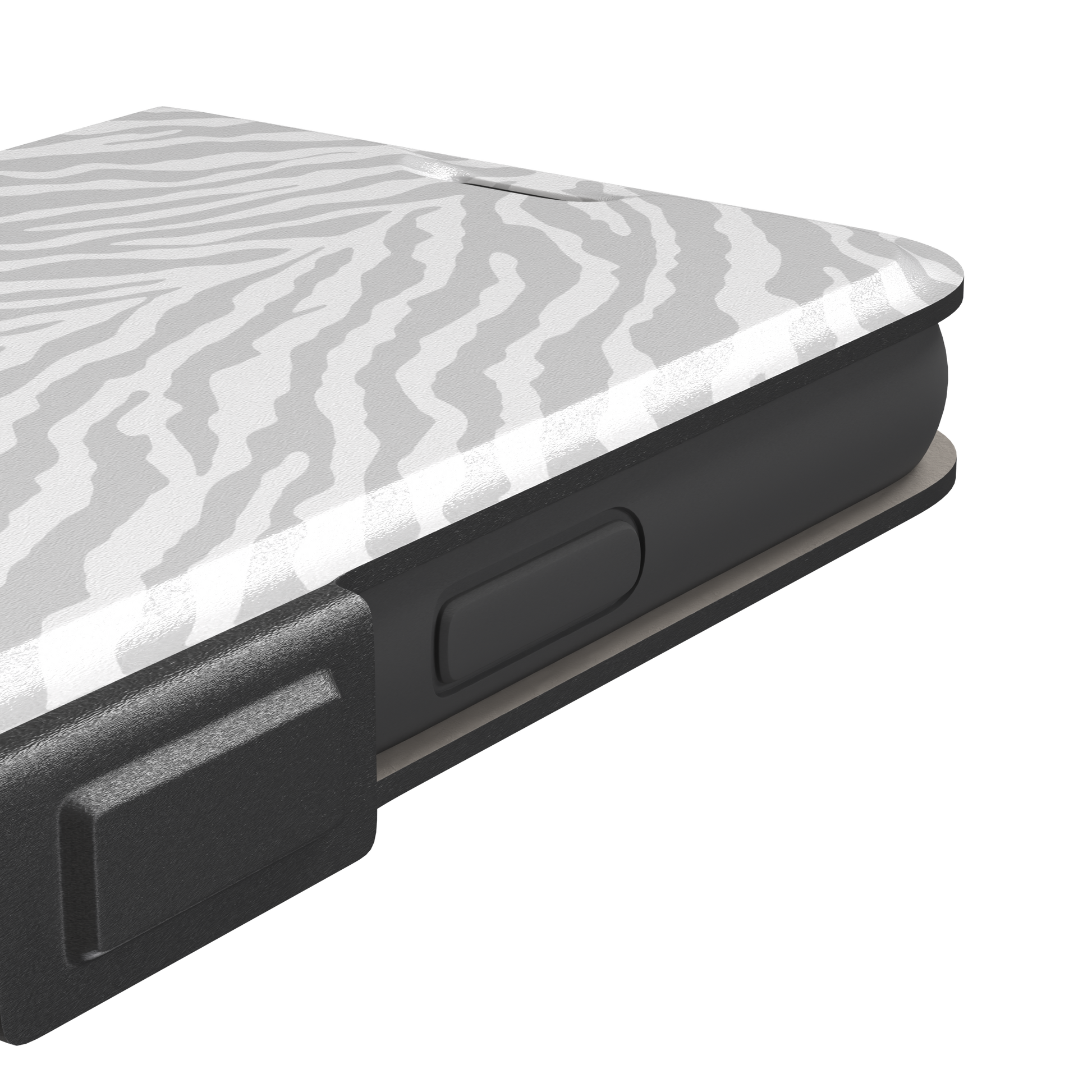 White on light grey zebra stripe phone case with soft tonal pattern, phone case by Caselier — wallet case, volume buttons detail