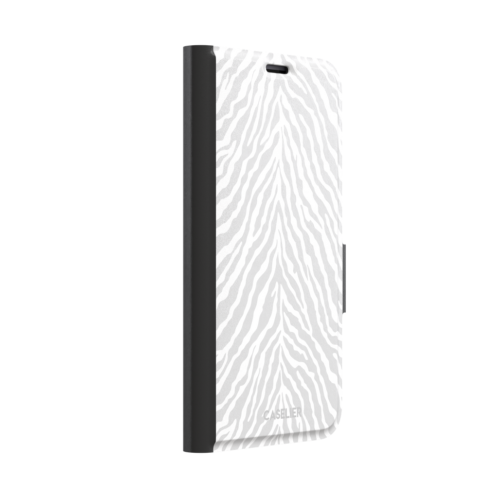 White on light grey zebra stripe phone case with soft tonal pattern, phone case by Caselier — wallet case, left view