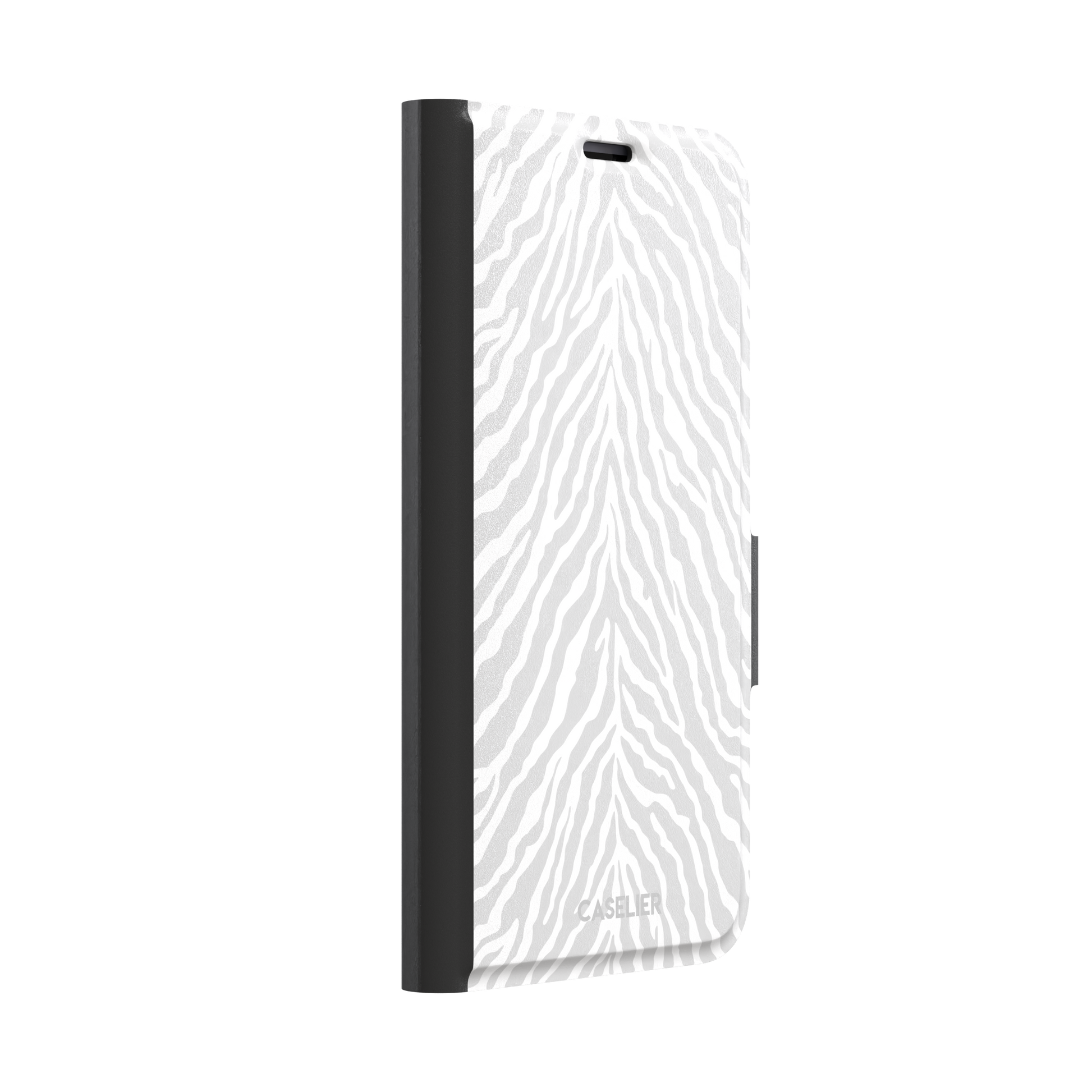 White on light grey zebra stripe phone case with soft tonal pattern, phone case by Caselier — wallet case, left view