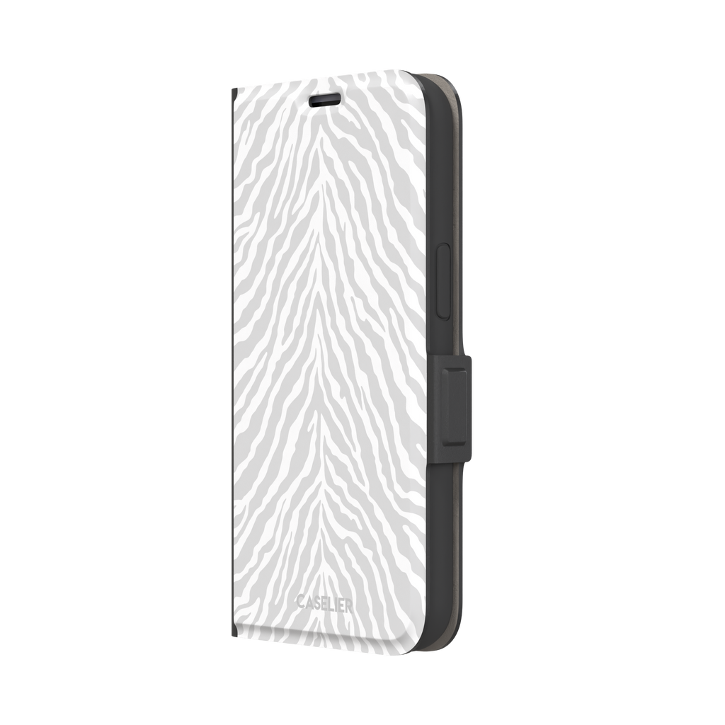 White on light grey zebra stripe phone case with soft tonal pattern, phone case by Caselier — wallet case, right view