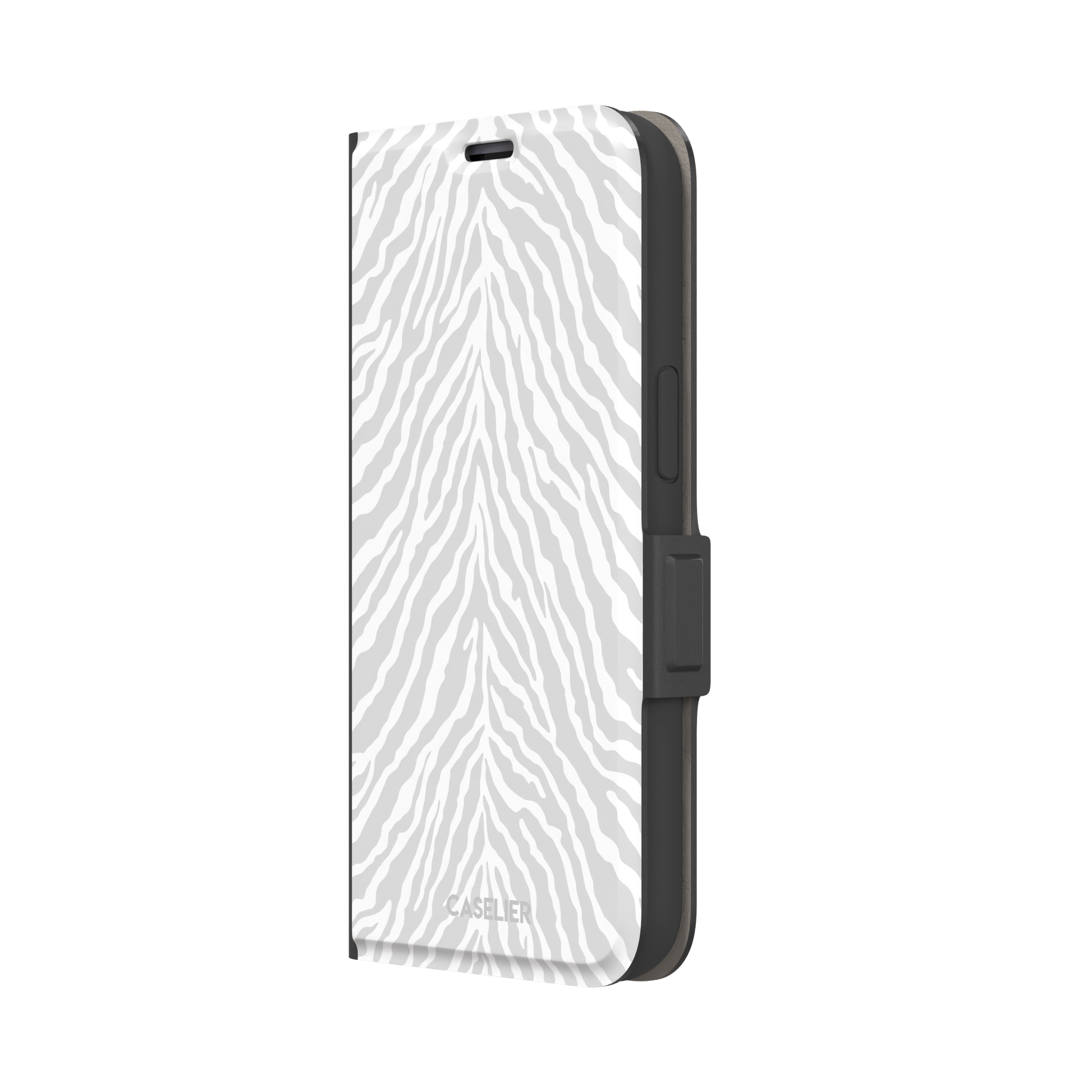 White on light grey zebra stripe phone case with soft tonal pattern, phone case by Caselier — wallet case, right view