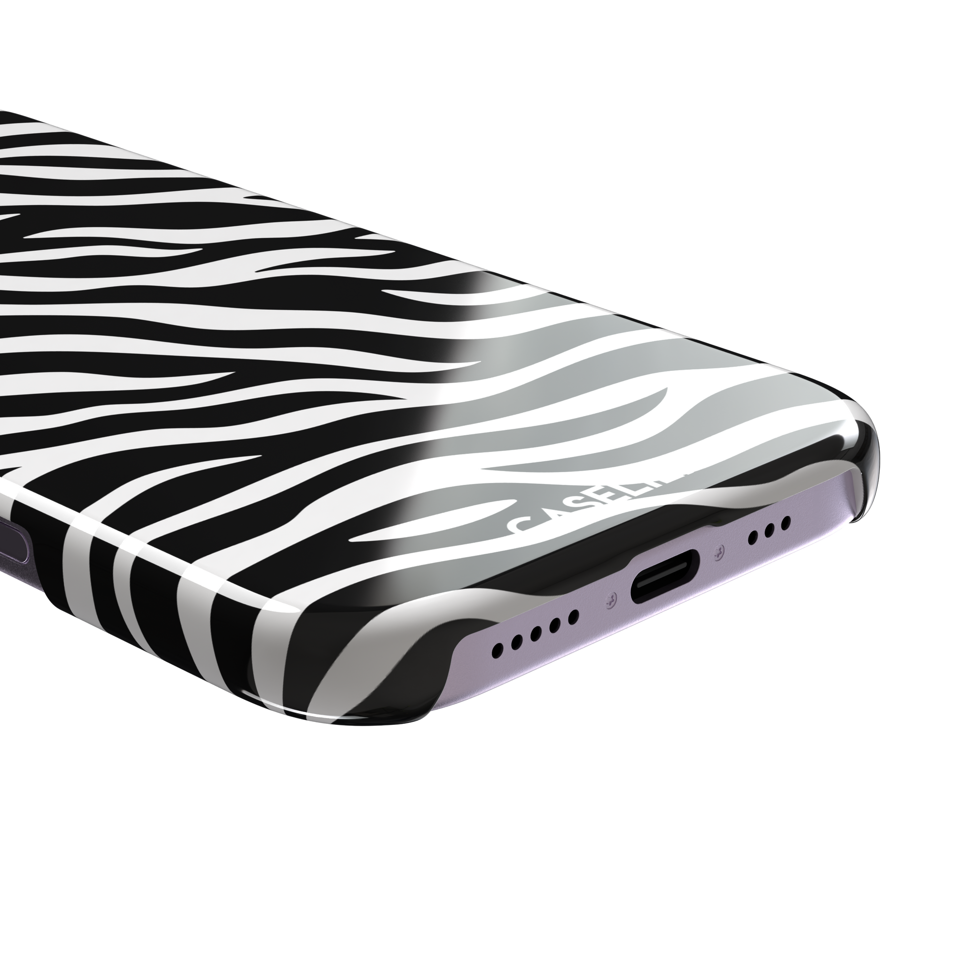 Black and white zebra stripe phone case with all-over horizontal wave pattern, phone case by Caselier — snap case, charging port detail