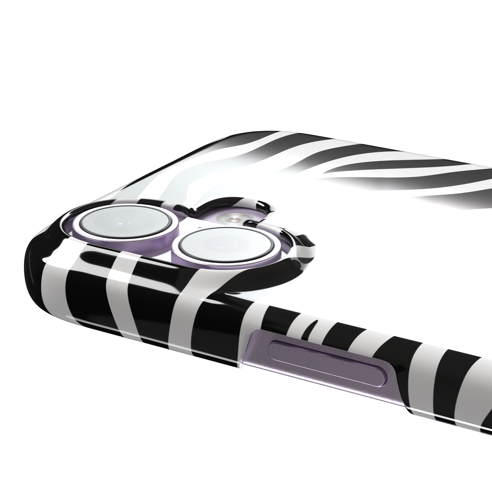 Black and white zebra stripe phone case with all-over horizontal wave pattern, phone case by Caselier — snap case, volume buttons detail