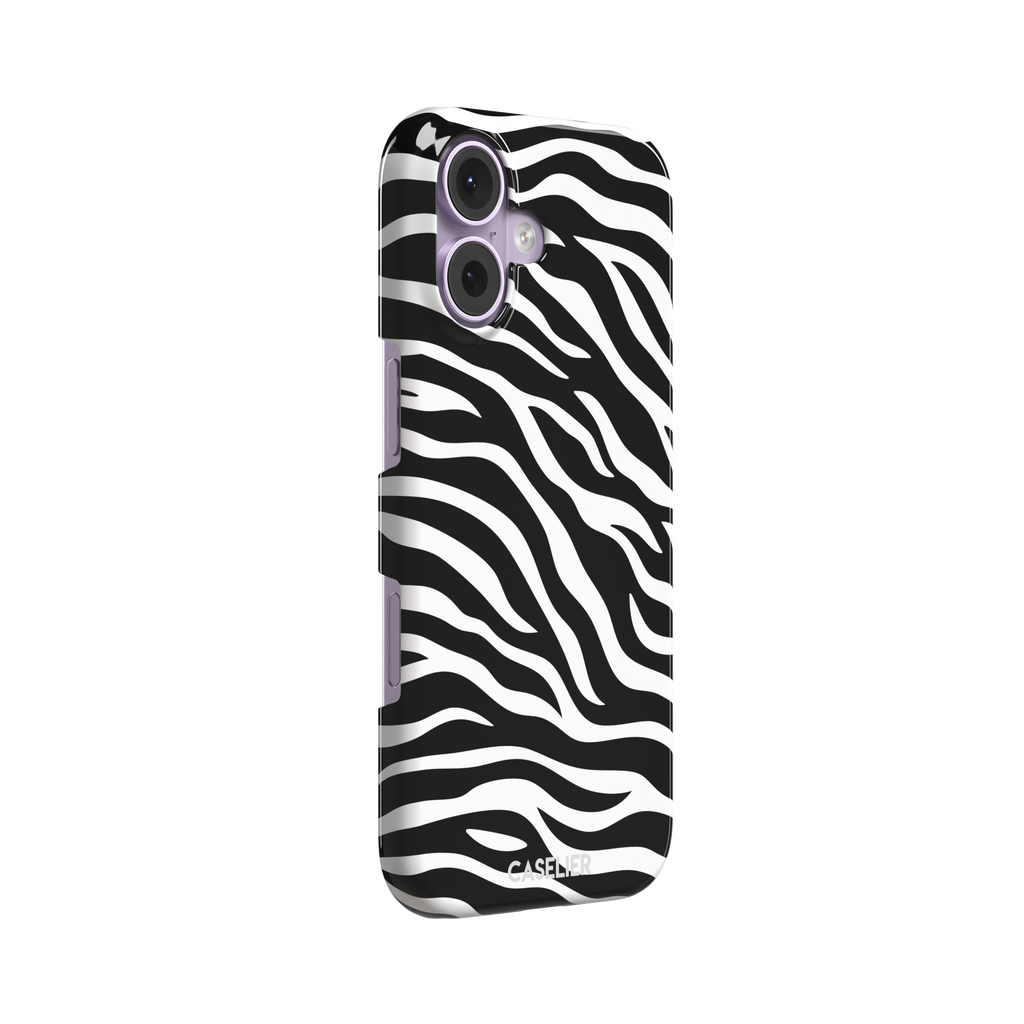 Black and white zebra stripe phone case with all-over horizontal wave pattern, phone case by Caselier — snap case, left view