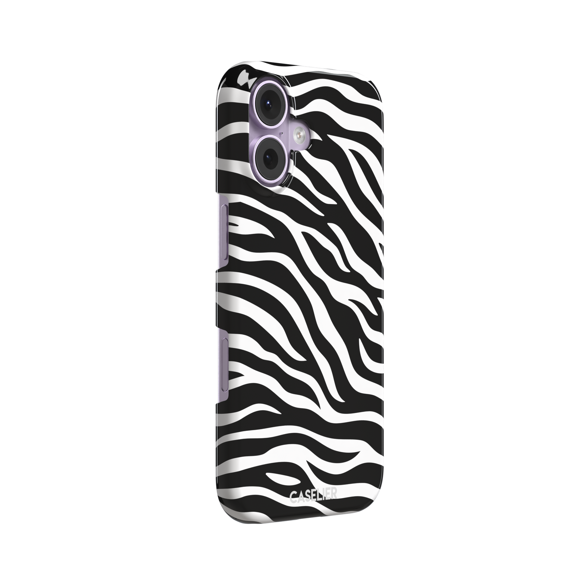 Black and white zebra stripe phone case with all-over horizontal wave pattern, phone case by Caselier — snap case, left view