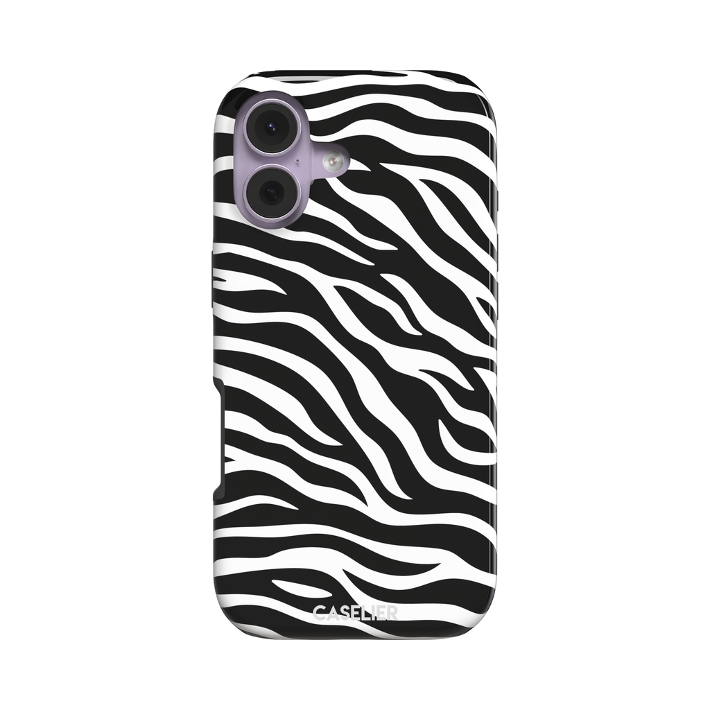 Black and white zebra stripe phone case with all-over horizontal wave pattern, phone case by Caselier — tough case, front view