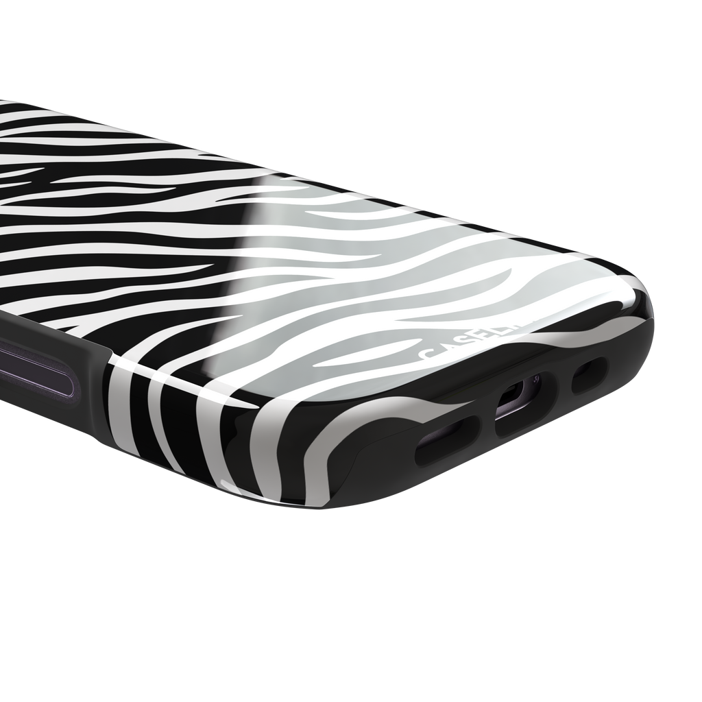 Black and white zebra stripe phone case with all-over horizontal wave pattern, phone case by Caselier — tough case, charging port detail