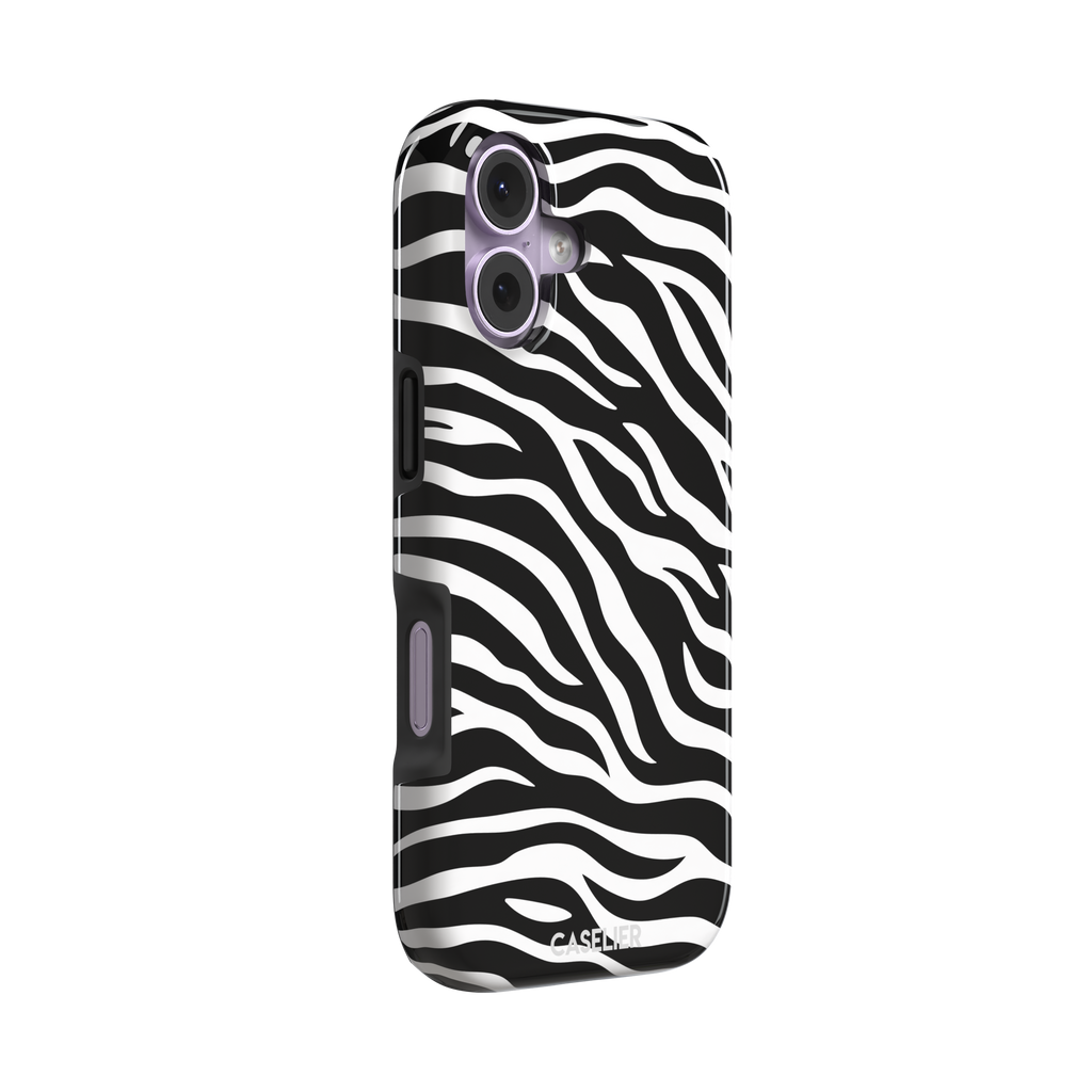 Black and white zebra stripe phone case with all-over horizontal wave pattern, phone case by Caselier — tough case, left view