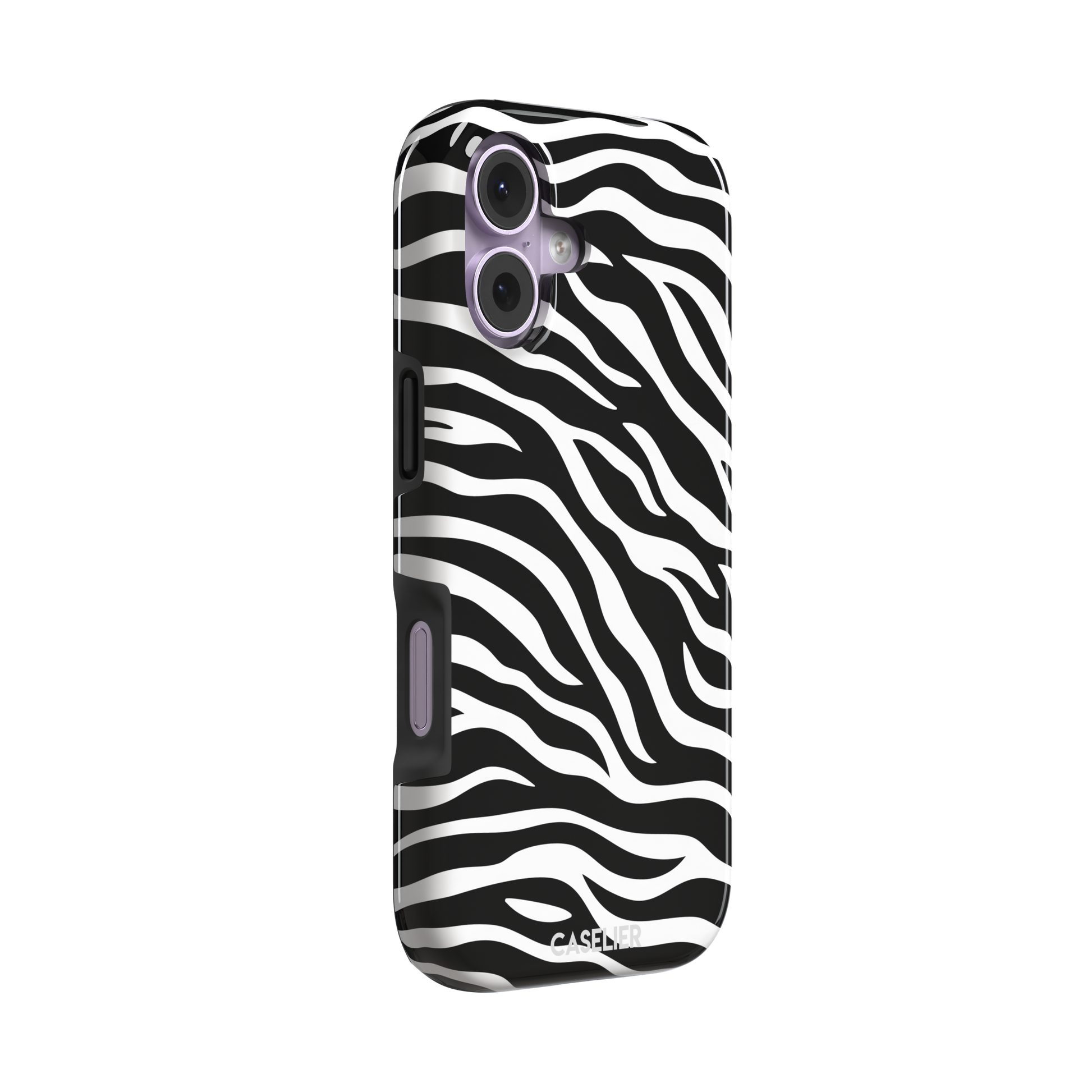 Black and white zebra stripe phone case with all-over horizontal wave pattern, phone case by Caselier — tough case, left view