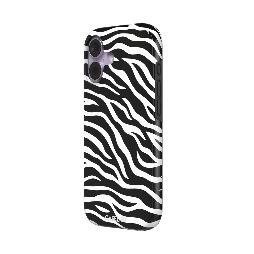 Black and white zebra stripe phone case with all-over horizontal wave pattern, phone case by Caselier — tough case, right view