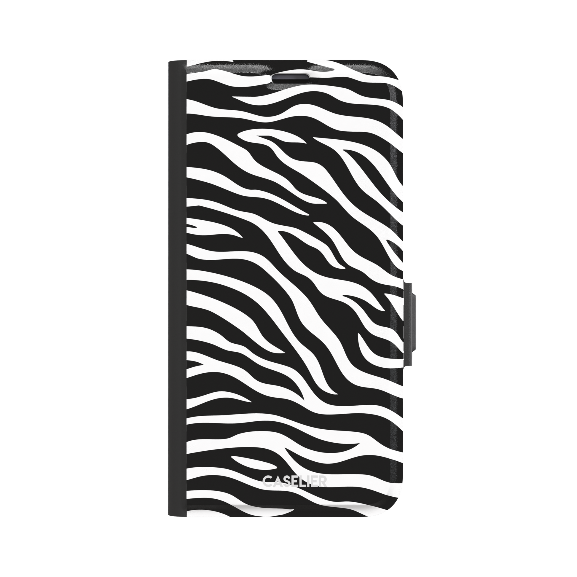 Black and white zebra stripe phone case with all-over horizontal wave pattern, phone case by Caselier — wallet case, front view
