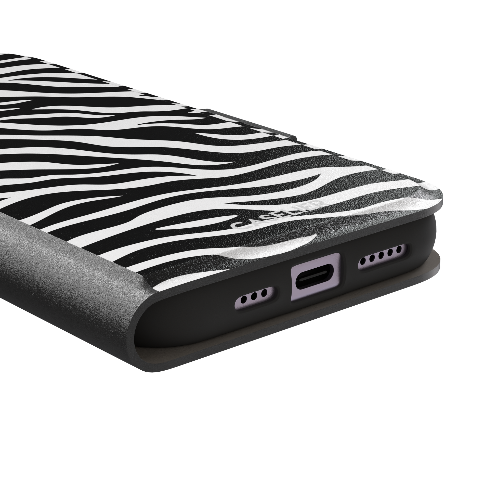 Black and white zebra stripe phone case with all-over horizontal wave pattern, phone case by Caselier — wallet case, charging port detail