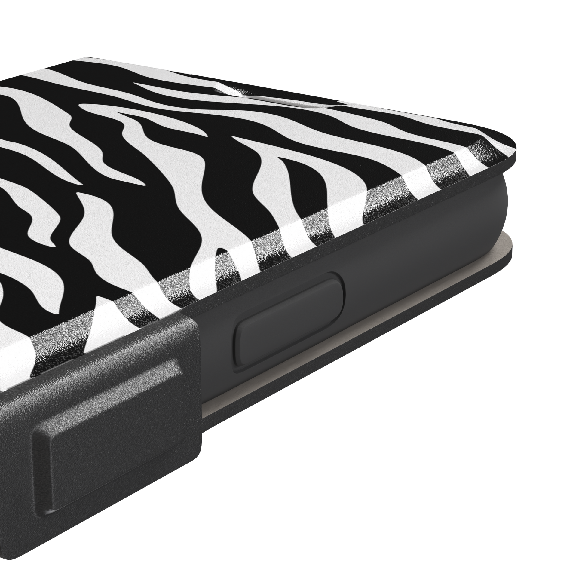 Black and white zebra stripe phone case with all-over horizontal wave pattern, phone case by Caselier — wallet case, volume buttons detail