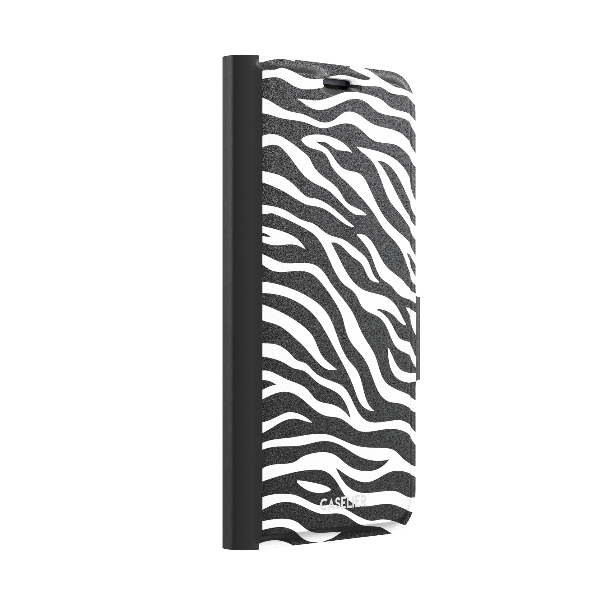 Black and white zebra stripe phone case with all-over horizontal wave pattern, phone case by Caselier — wallet case, left view