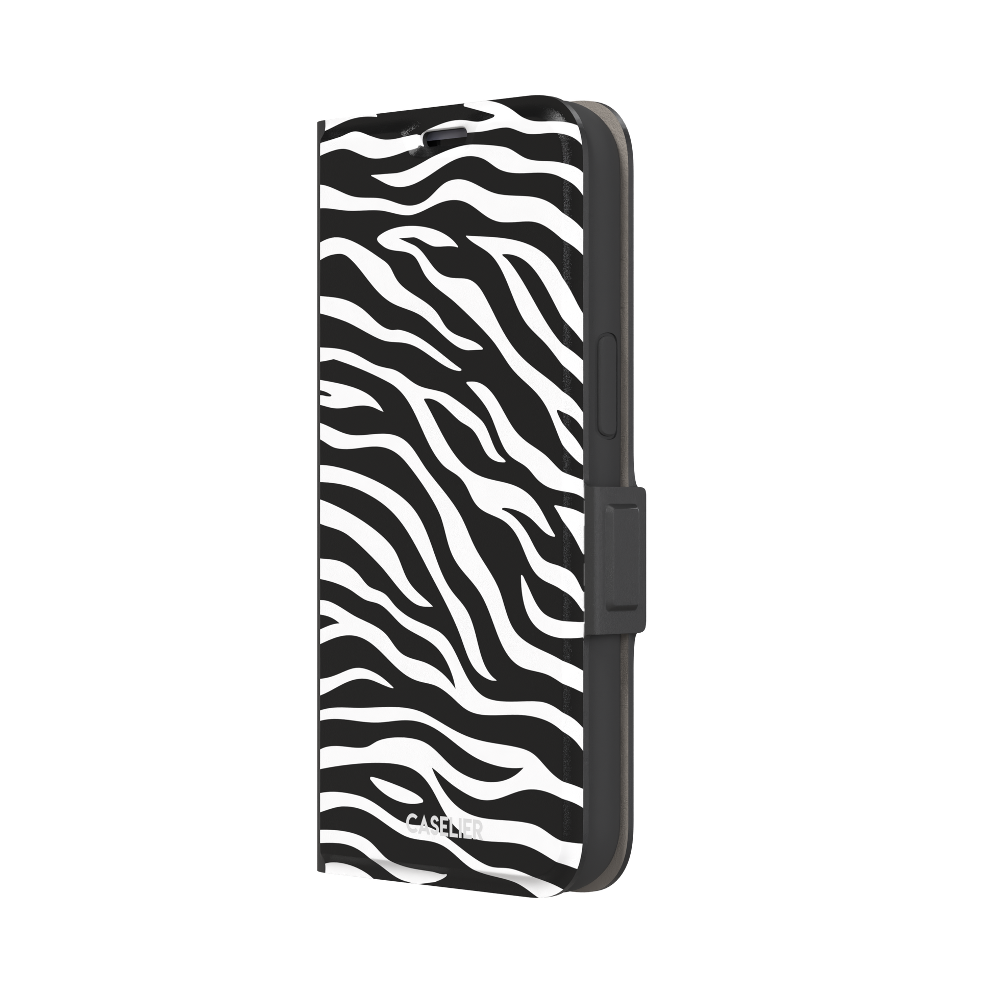 Black and white zebra stripe phone case with all-over horizontal wave pattern, phone case by Caselier — wallet case, right view