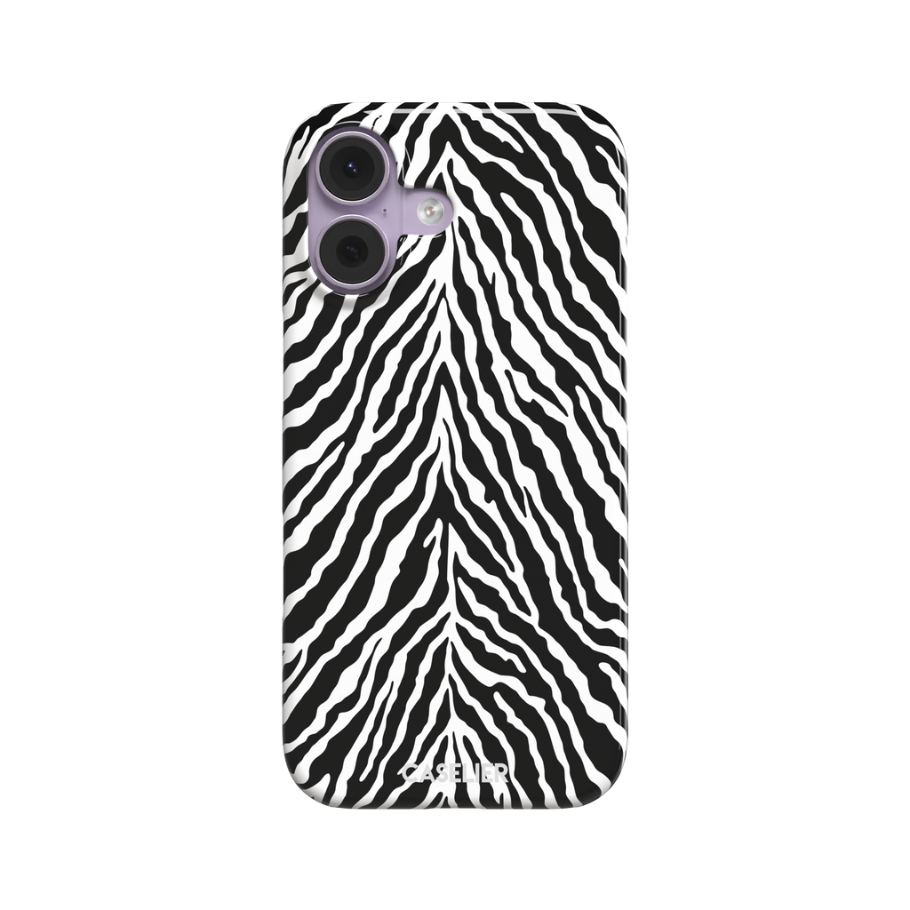 Black and white zebra stripe phone case with symmetrical radiating pattern, phone case by Caselier — snap case, front view