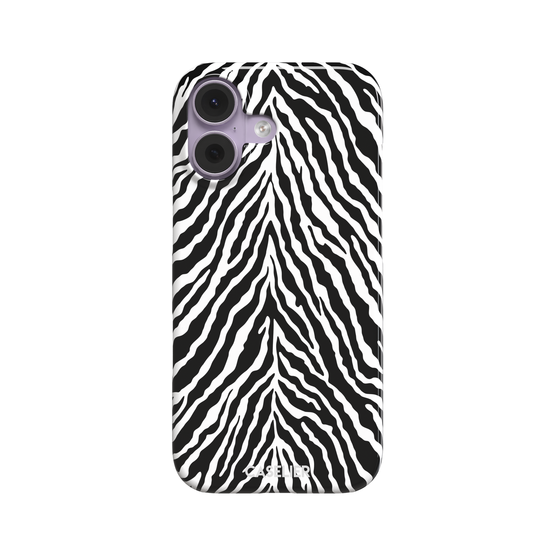 Black and white zebra stripe phone case with symmetrical radiating pattern, phone case by Caselier — snap case, front view