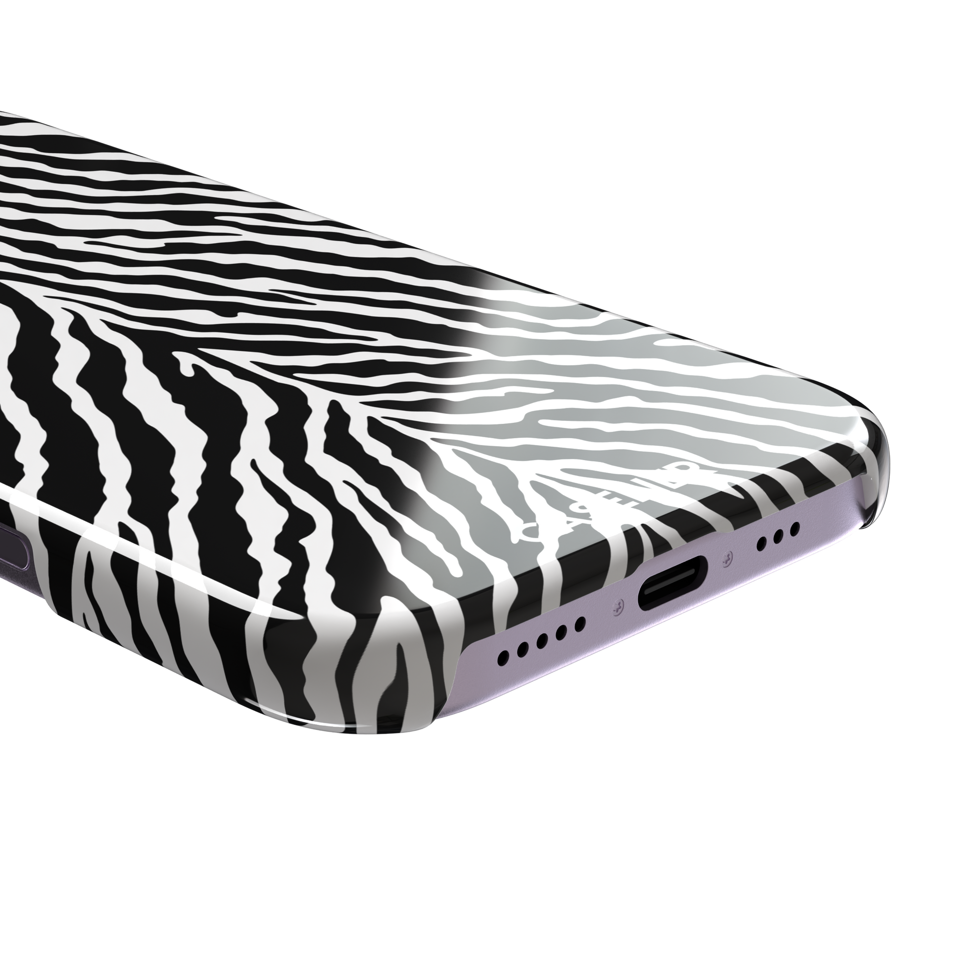 Black and white zebra stripe phone case with symmetrical radiating pattern, phone case by Caselier — snap case, charging port detail