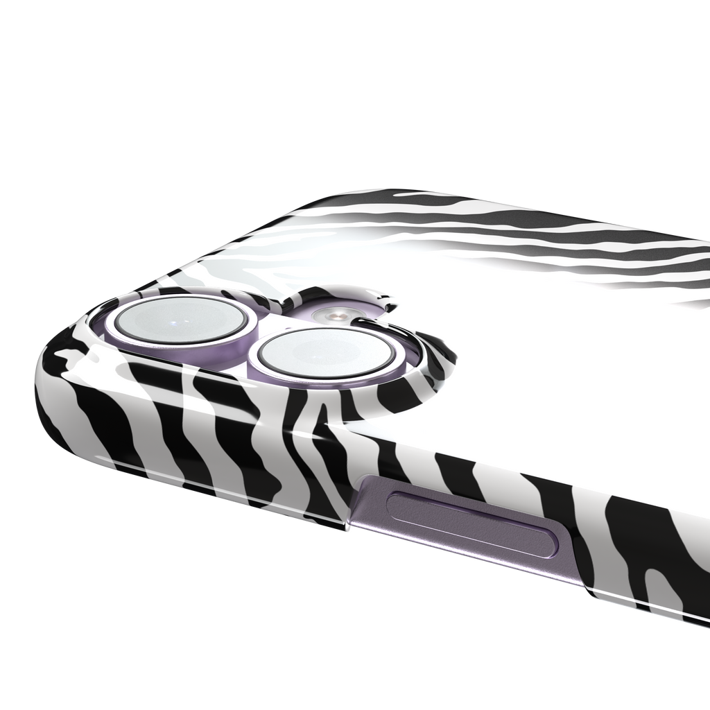 Black and white zebra stripe phone case with symmetrical radiating pattern, phone case by Caselier — snap case, volume buttons detail