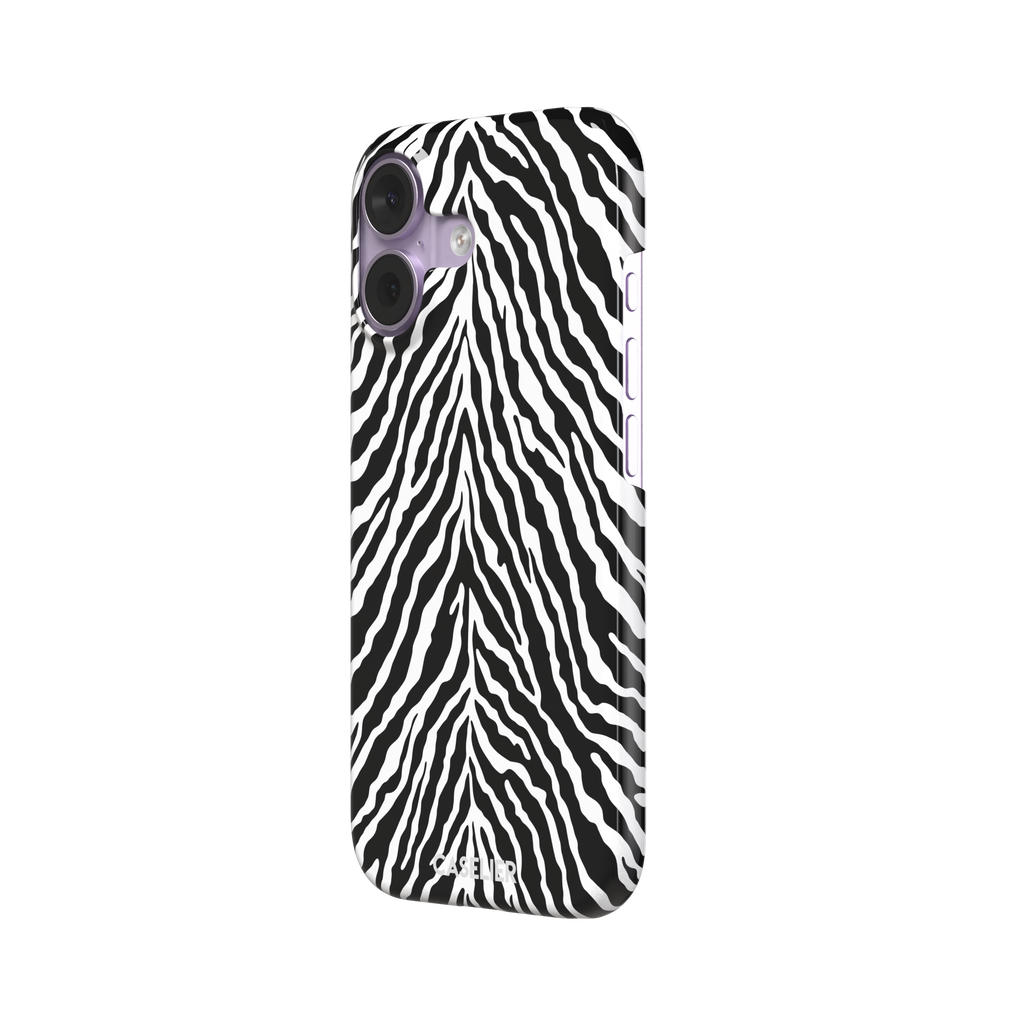 Black and white zebra stripe phone case with symmetrical radiating pattern, phone case by Caselier — snap case, right view