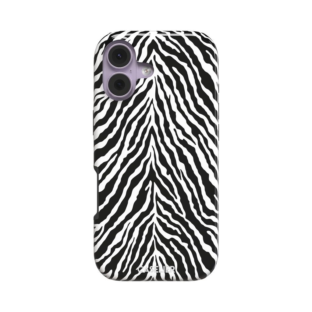 Black and white zebra stripe phone case with symmetrical radiating pattern, phone case by Caselier — tough case, front view