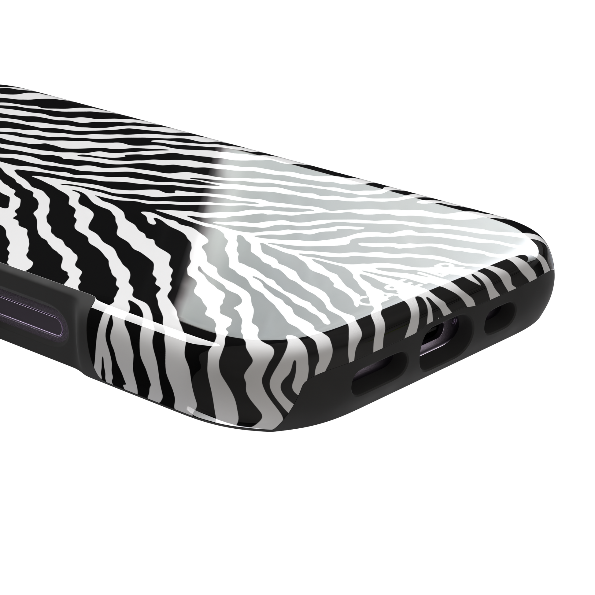 Black and white zebra stripe phone case with symmetrical radiating pattern, phone case by Caselier — tough case, charging port detail