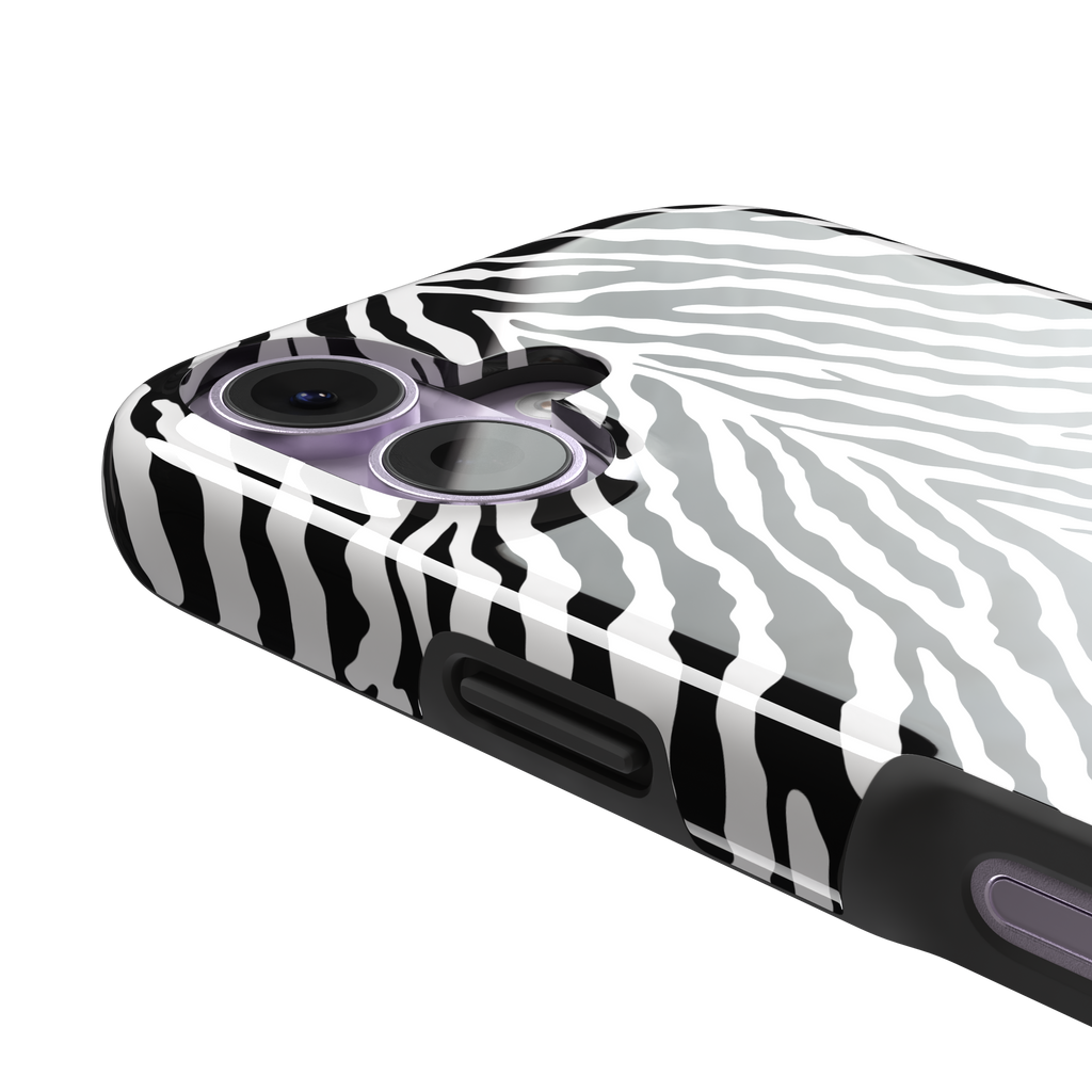 Black and white zebra stripe phone case with symmetrical radiating pattern, phone case by Caselier — tough case, volume buttons detail