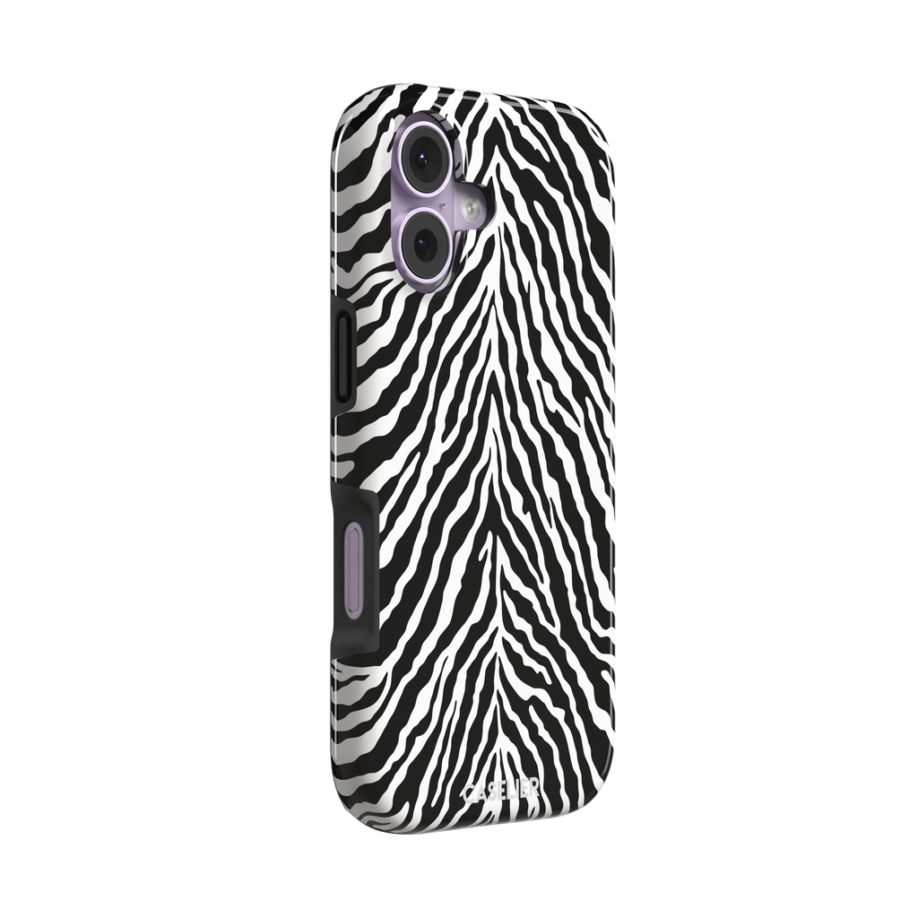Black and white zebra stripe phone case with symmetrical radiating pattern, phone case by Caselier — tough case, left view