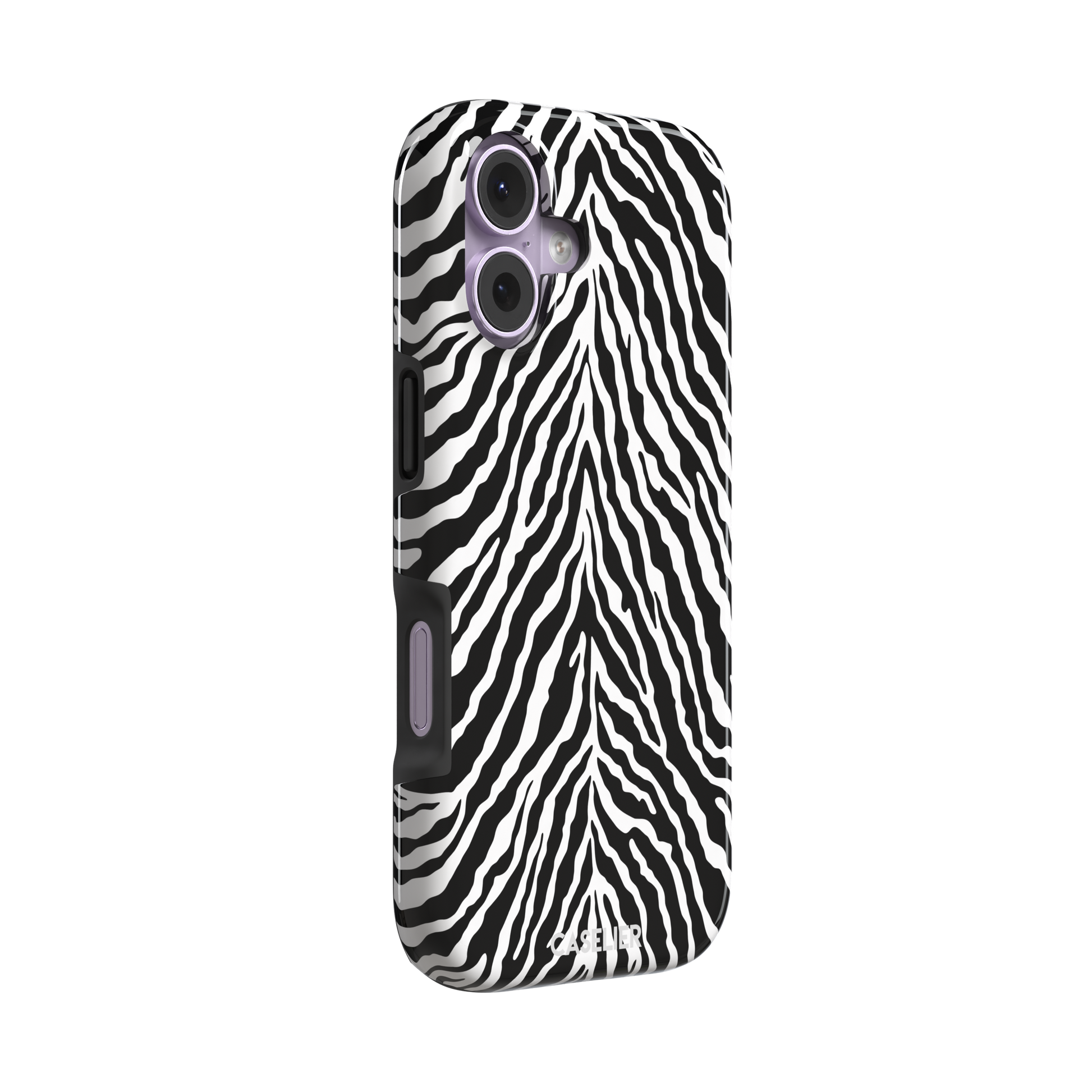 Black and white zebra stripe phone case with symmetrical radiating pattern, phone case by Caselier — tough case, left view