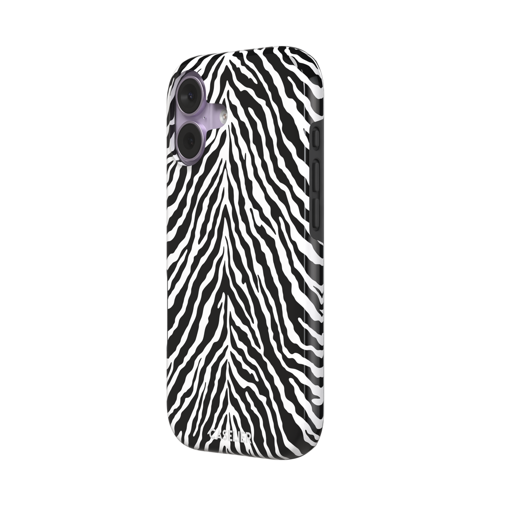 Black and white zebra stripe phone case with symmetrical radiating pattern, phone case by Caselier — tough case, right view