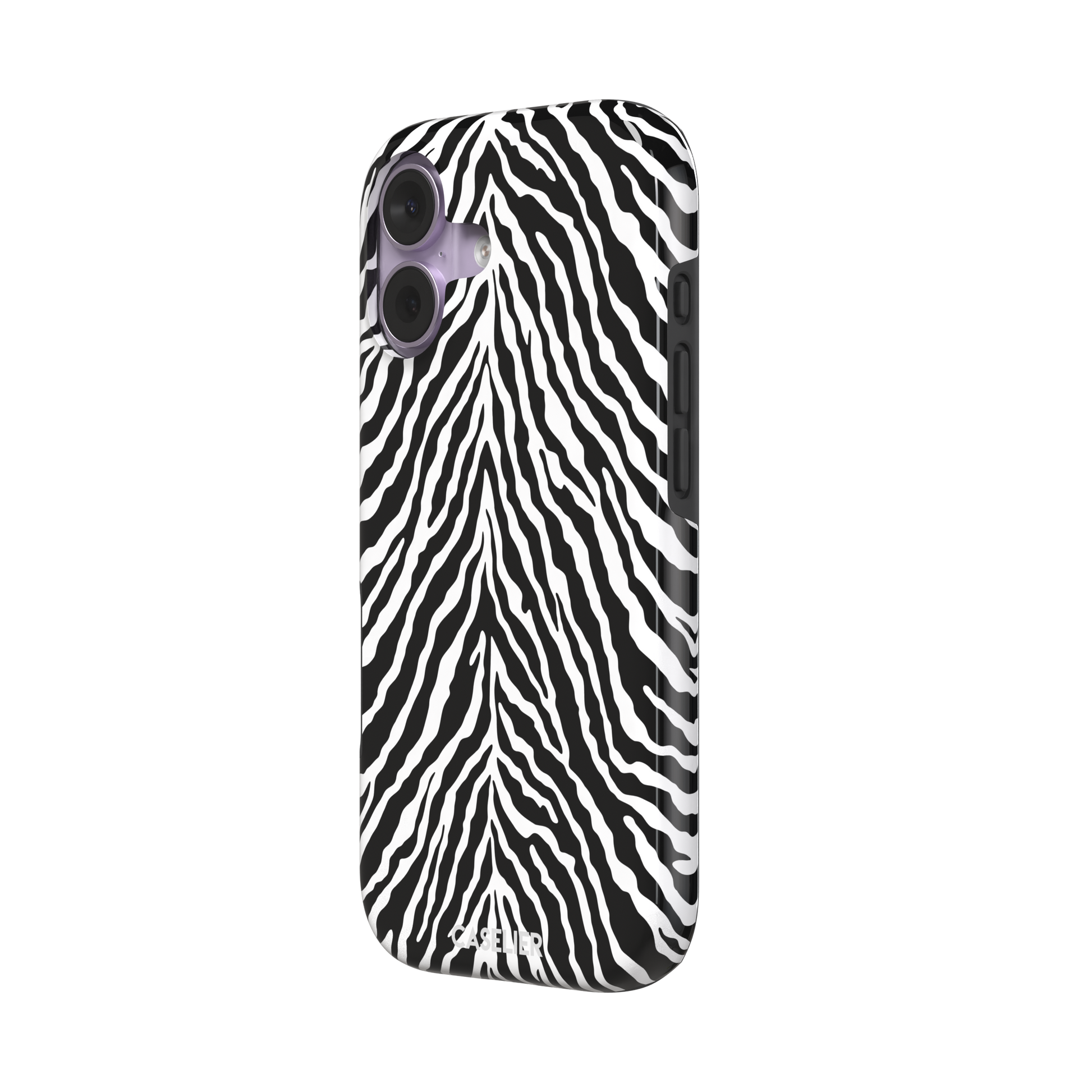 Black and white zebra stripe phone case with symmetrical radiating pattern, phone case by Caselier — tough case, right view