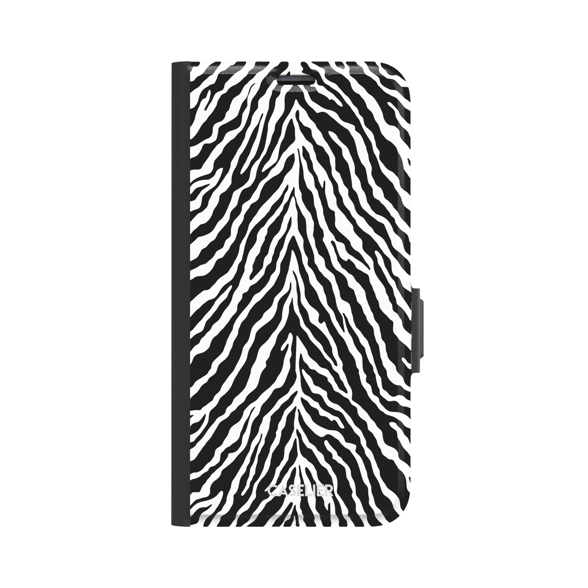 Black and white zebra stripe phone case with symmetrical radiating pattern, phone case by Caselier — wallet case, front view