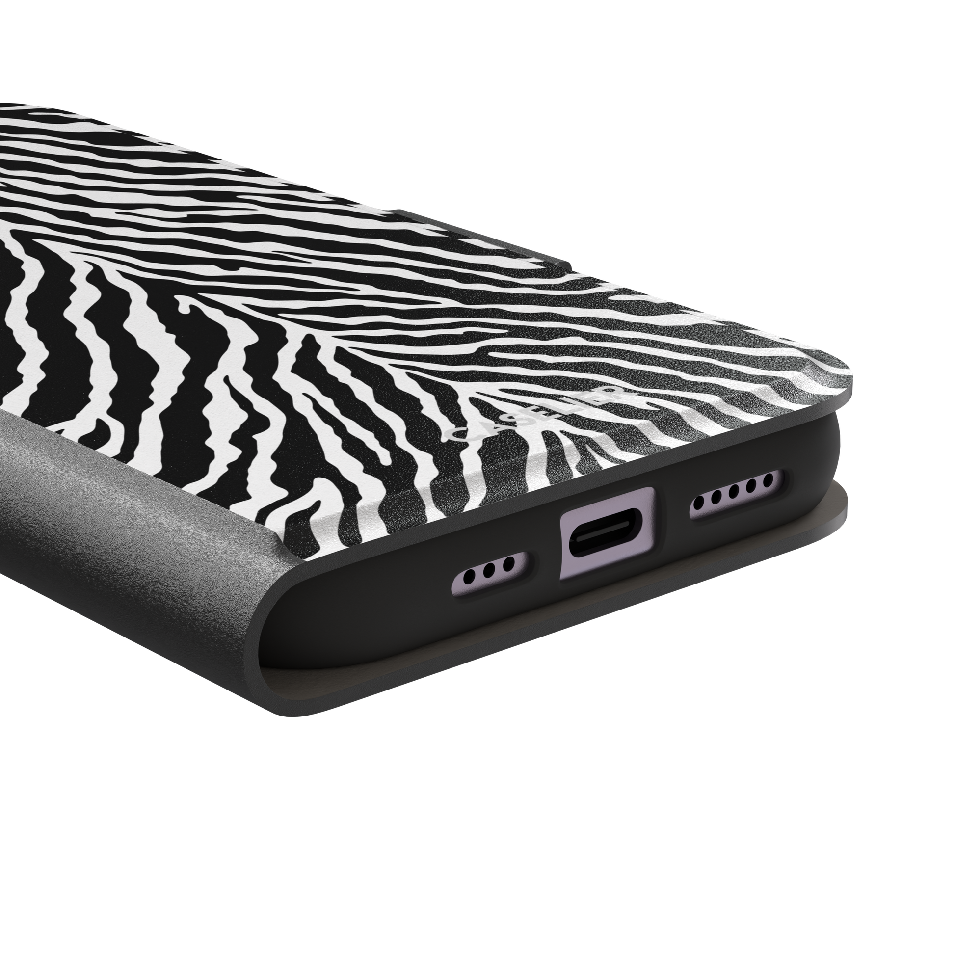 Black and white zebra stripe phone case with symmetrical radiating pattern, phone case by Caselier — wallet case, charging port detail