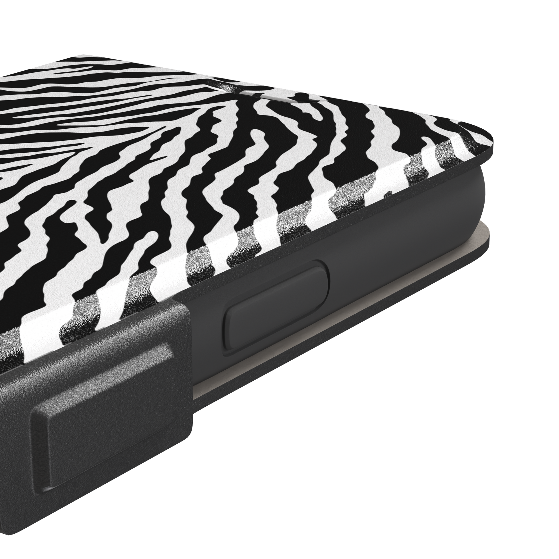 Black and white zebra stripe phone case with symmetrical radiating pattern, phone case by Caselier — wallet case, volume buttons detail