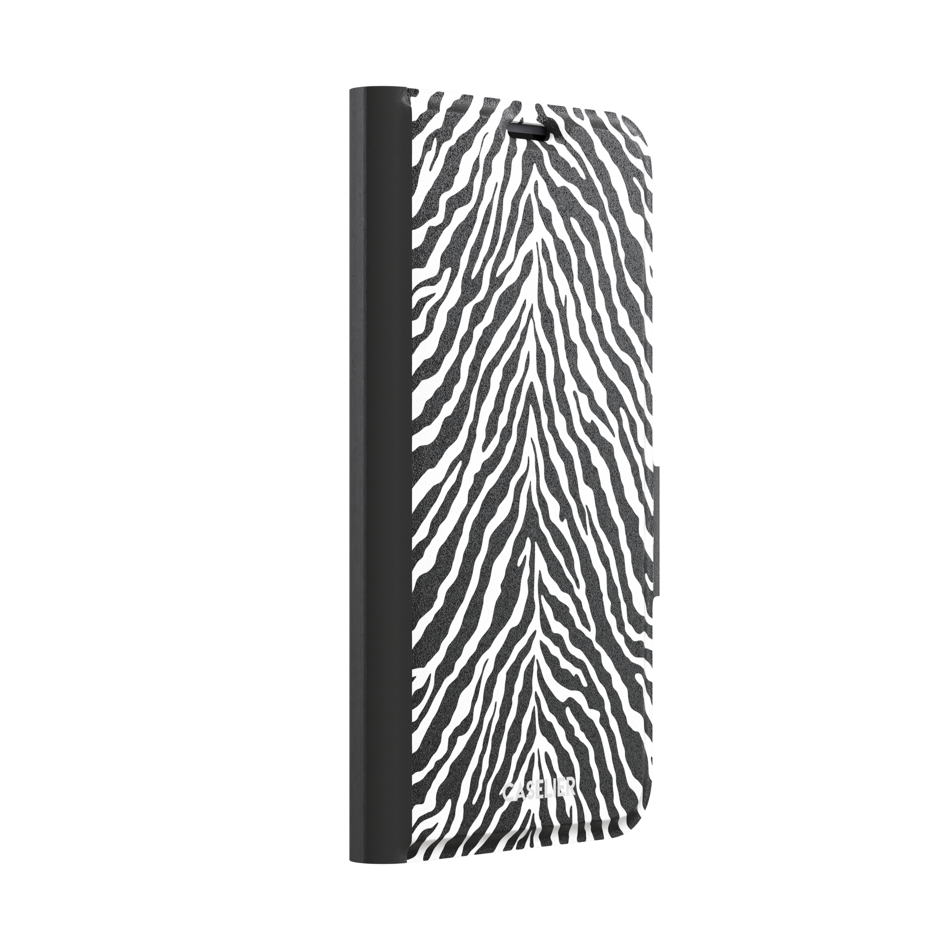 Black and white zebra stripe phone case with symmetrical radiating pattern, phone case by Caselier — wallet case, left view