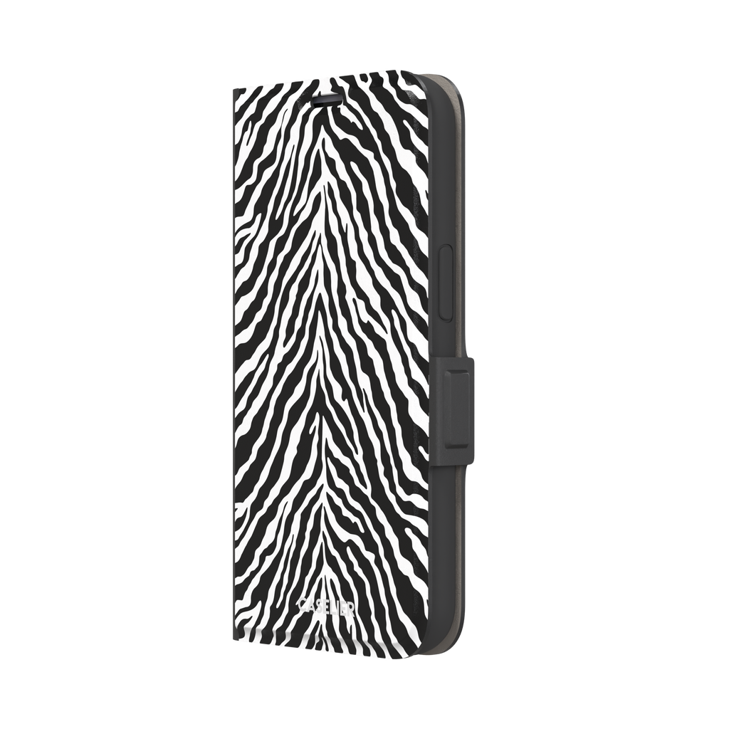 Black and white zebra stripe phone case with symmetrical radiating pattern, phone case by Caselier — wallet case, right view