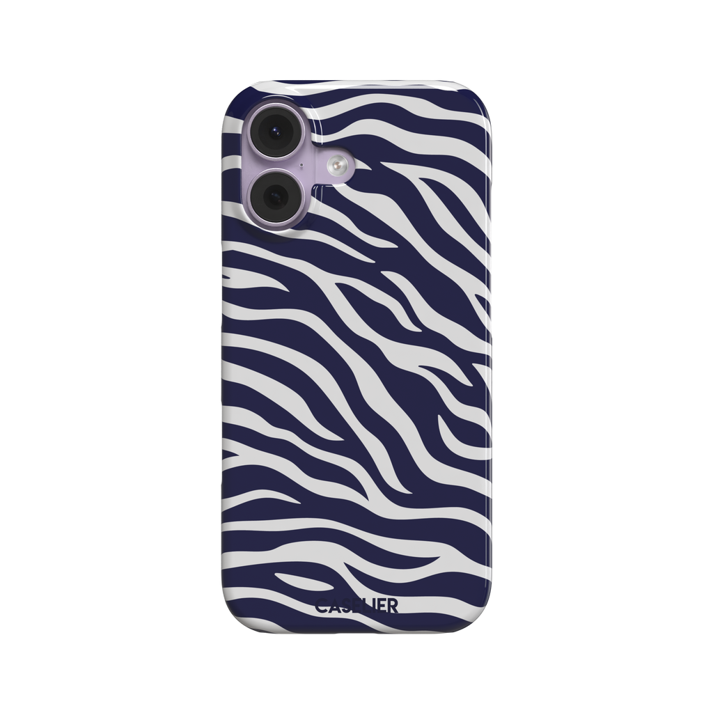 Navy blue and white zebra stripe phone case with all-over horizontal wave pattern, phone case by Caselier — snap case, front view