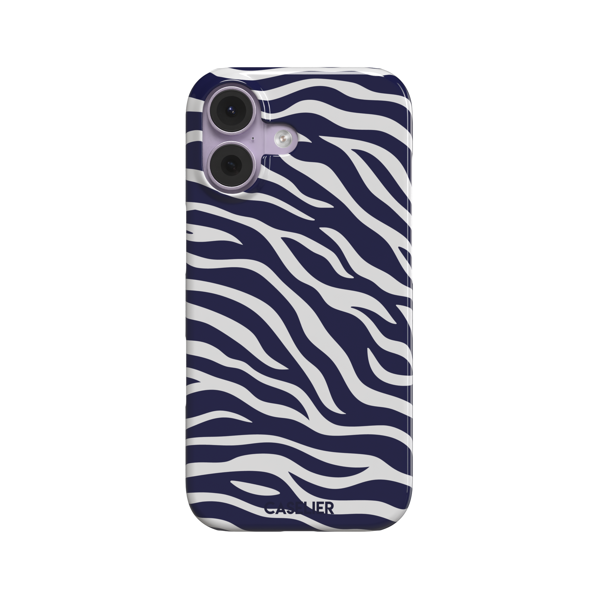 Navy blue and white zebra stripe phone case with all-over horizontal wave pattern, phone case by Caselier — snap case, front view