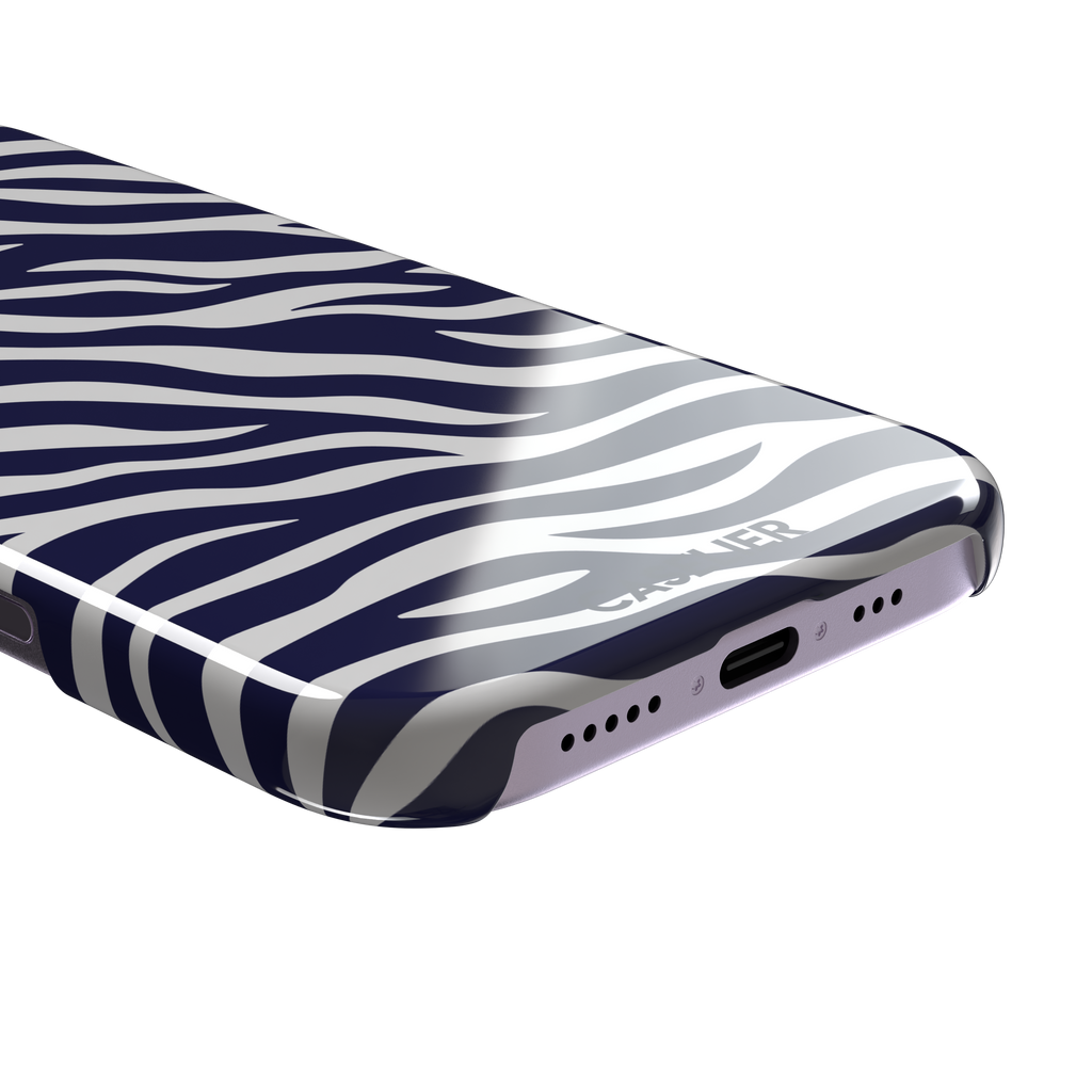 Navy blue and white zebra stripe phone case with all-over horizontal wave pattern, phone case by Caselier — snap case, charging port detail