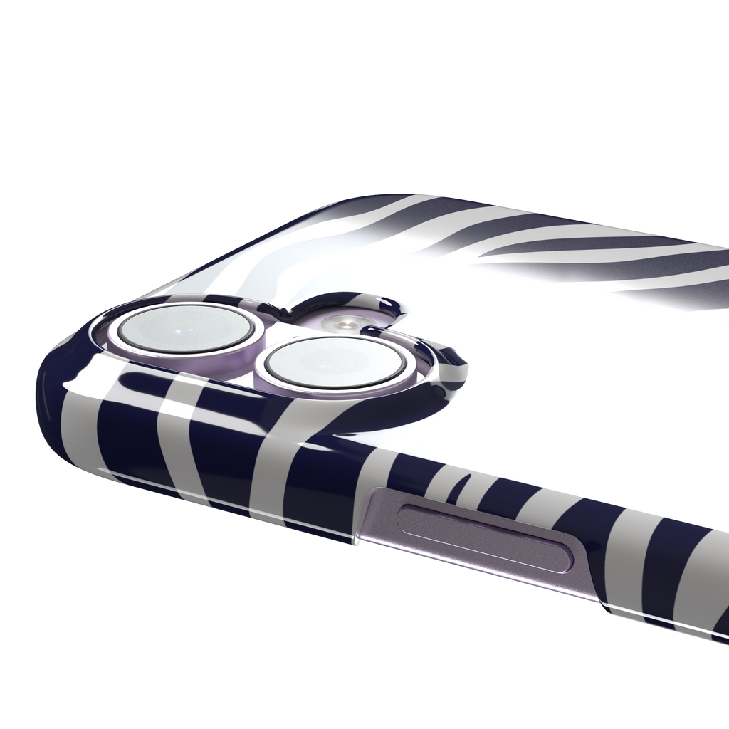 Navy blue and white zebra stripe phone case with all-over horizontal wave pattern, phone case by Caselier — snap case, volume buttons detail
