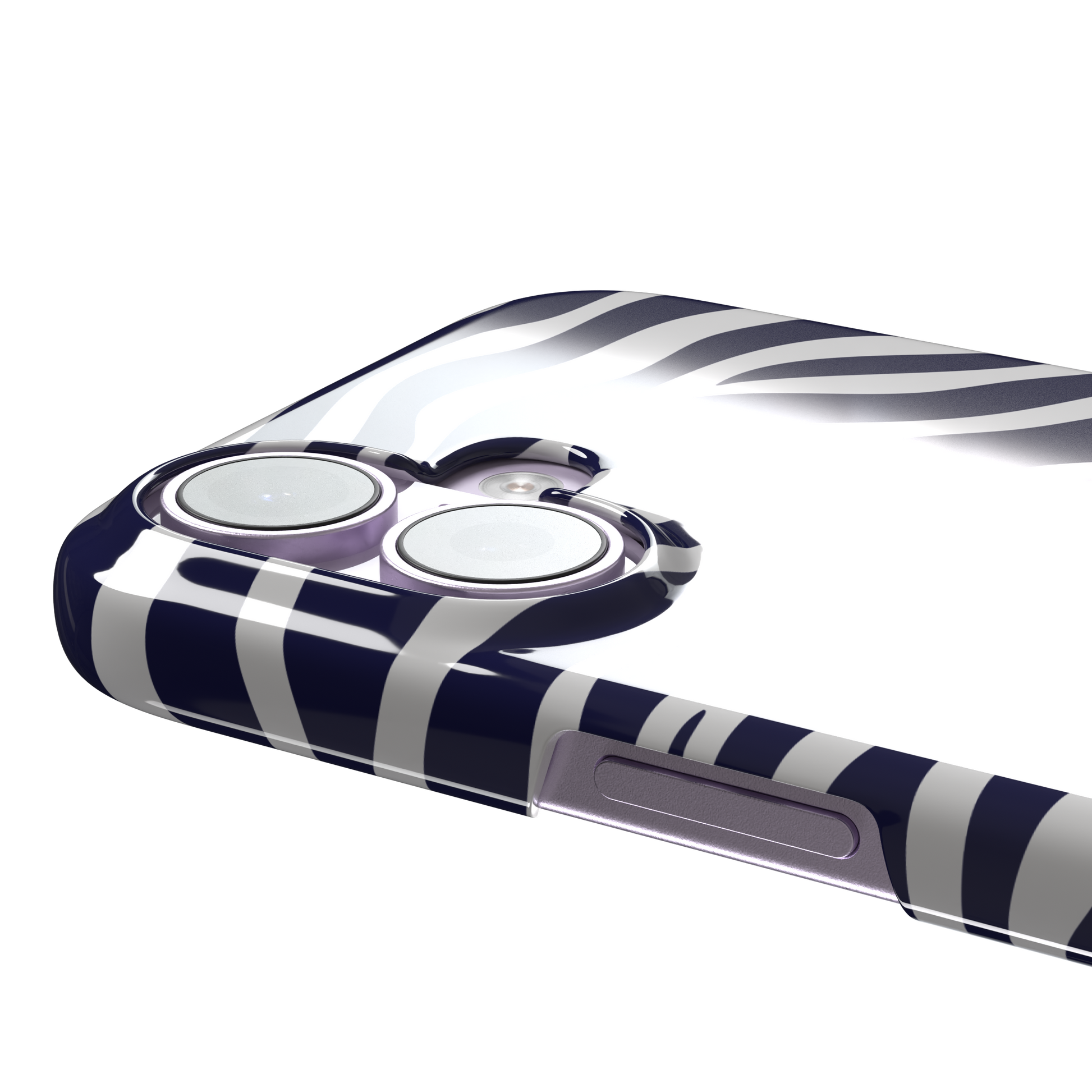 Navy blue and white zebra stripe phone case with all-over horizontal wave pattern, phone case by Caselier — snap case, volume buttons detail