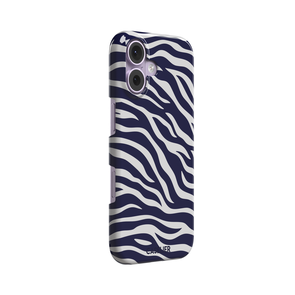 Navy blue and white zebra stripe phone case with all-over horizontal wave pattern, phone case by Caselier — snap case, left view