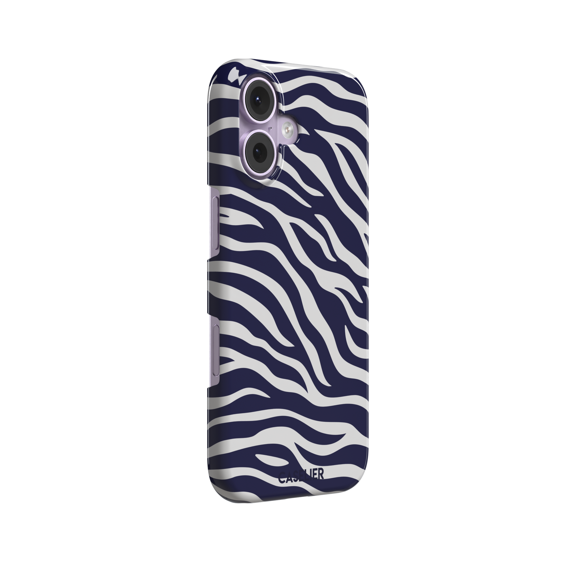 Navy blue and white zebra stripe phone case with all-over horizontal wave pattern, phone case by Caselier — snap case, left view