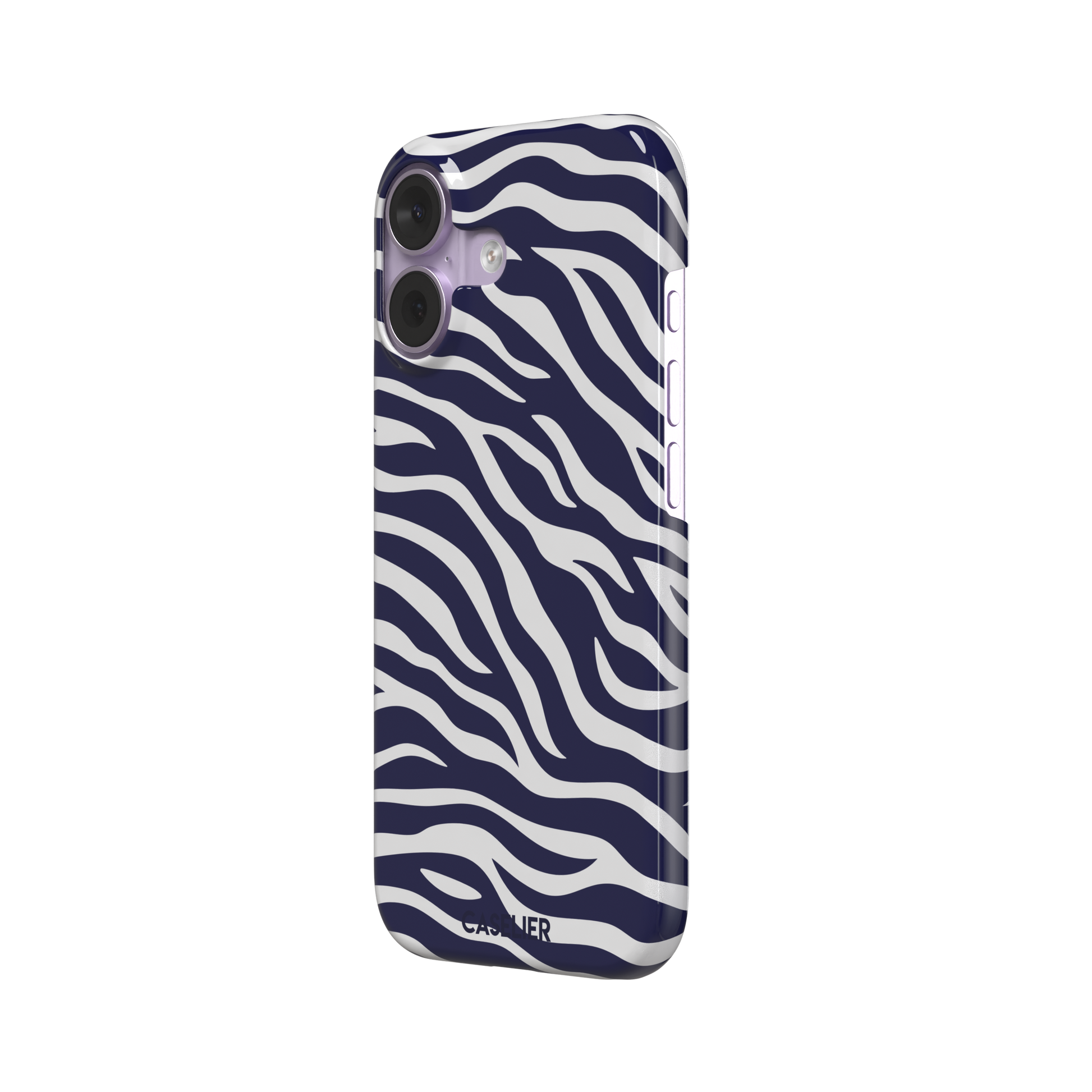 Navy blue and white zebra stripe phone case with all-over horizontal wave pattern, phone case by Caselier — snap case, right view