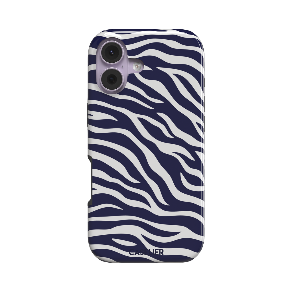 Navy blue and white zebra stripe phone case with all-over horizontal wave pattern, phone case by Caselier — tough case, front view