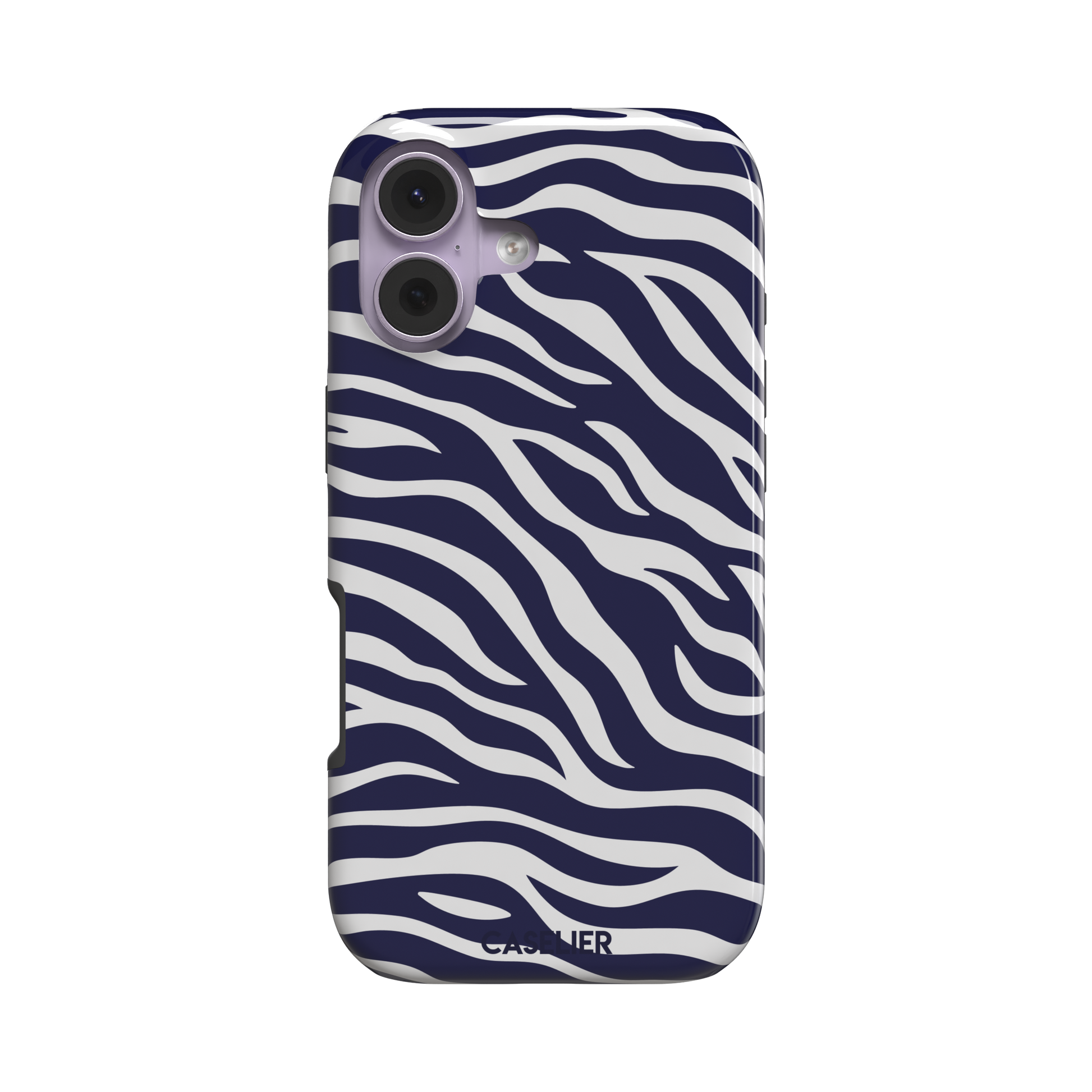 Navy blue and white zebra stripe phone case with all-over horizontal wave pattern, phone case by Caselier — tough case, front view