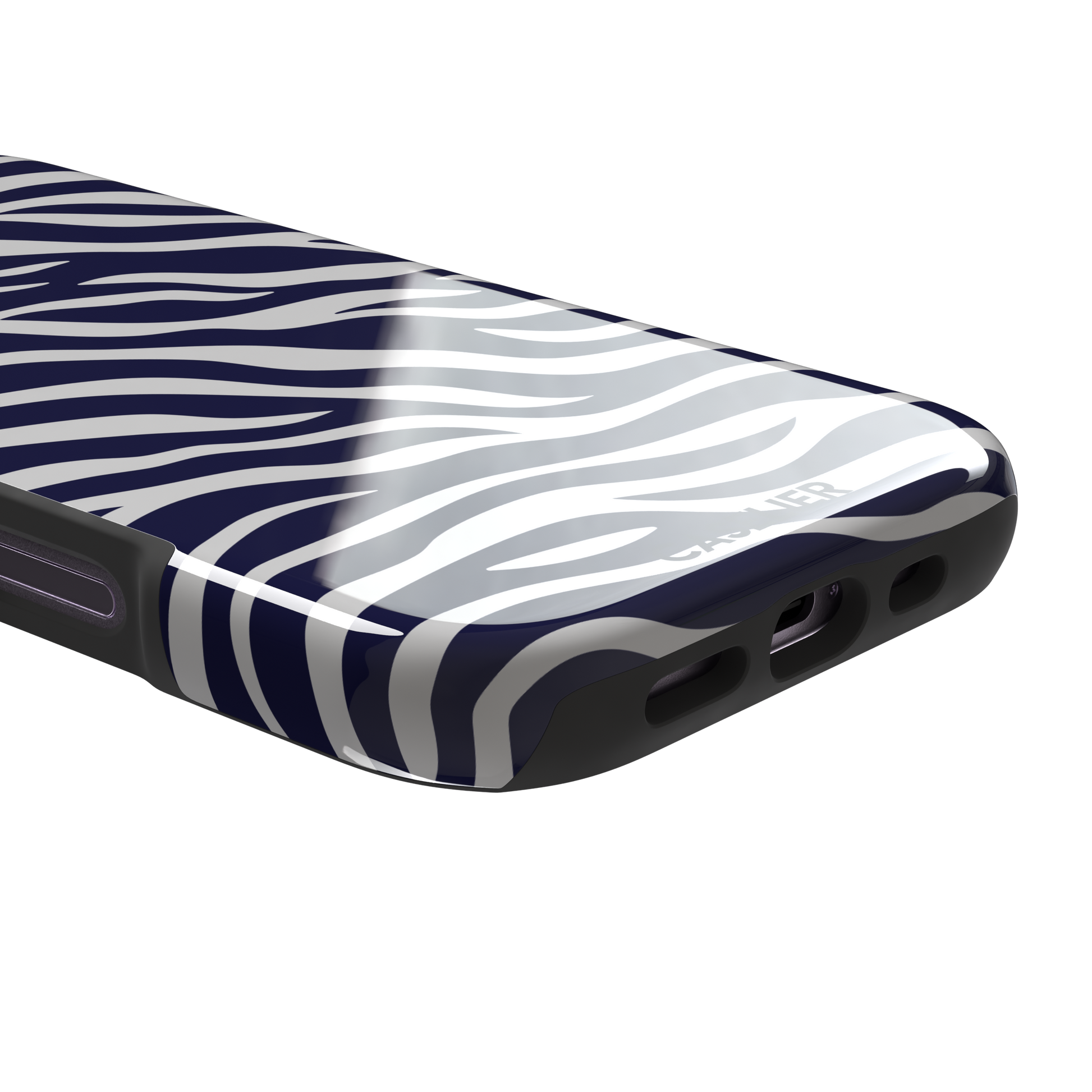 Navy blue and white zebra stripe phone case with all-over horizontal wave pattern, phone case by Caselier — tough case, charging port detail